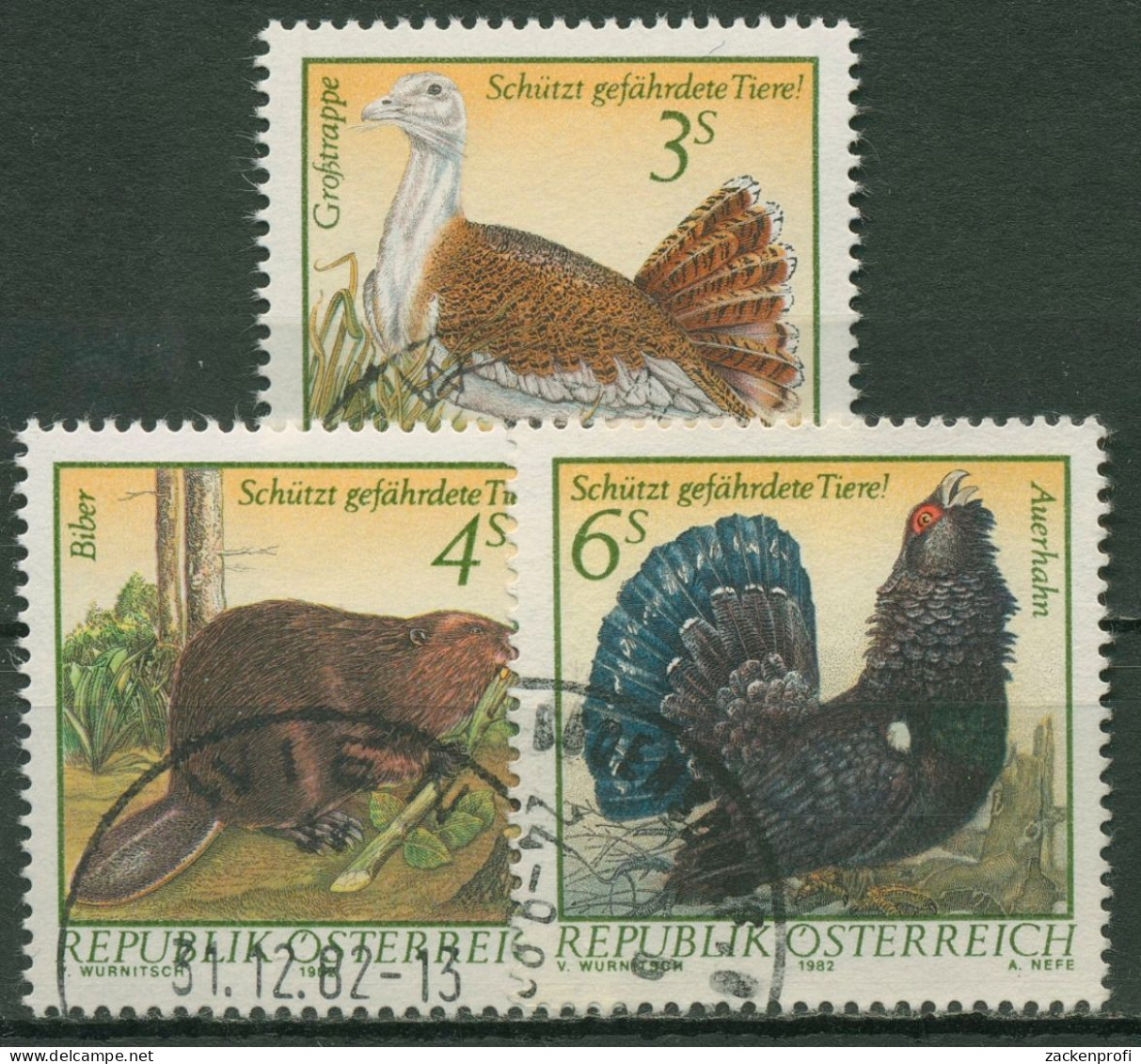 Österreich 1982 Tiere Wildtiere Großtrappe Biber Auerhahn 1717/19 Gestempelt - Used Stamps