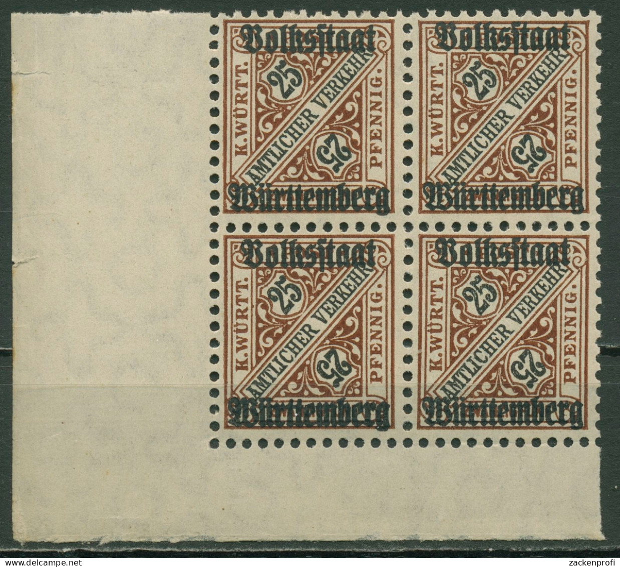 Württemberg Dienstmarken 1919 Mit Aufdruck 265 4er-Block, Ecke 3 Postfrisch - Postfris