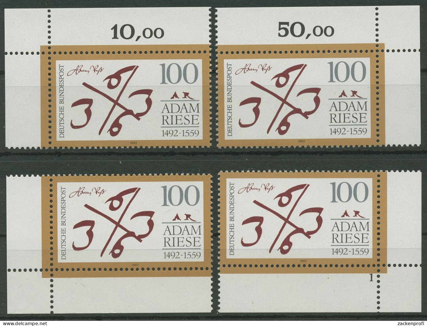 Bund 1992 Mathematiker Adam Riese 1612 Alle 4 Ecken Postfrisch (E2011) - Neufs