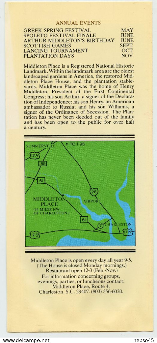 Dépliant Touristique.Amérique.U.S.A.Middleton Charleston South Carolina.Gardens.House.Stableyards.Annual Events1978. - Dépliants Turistici