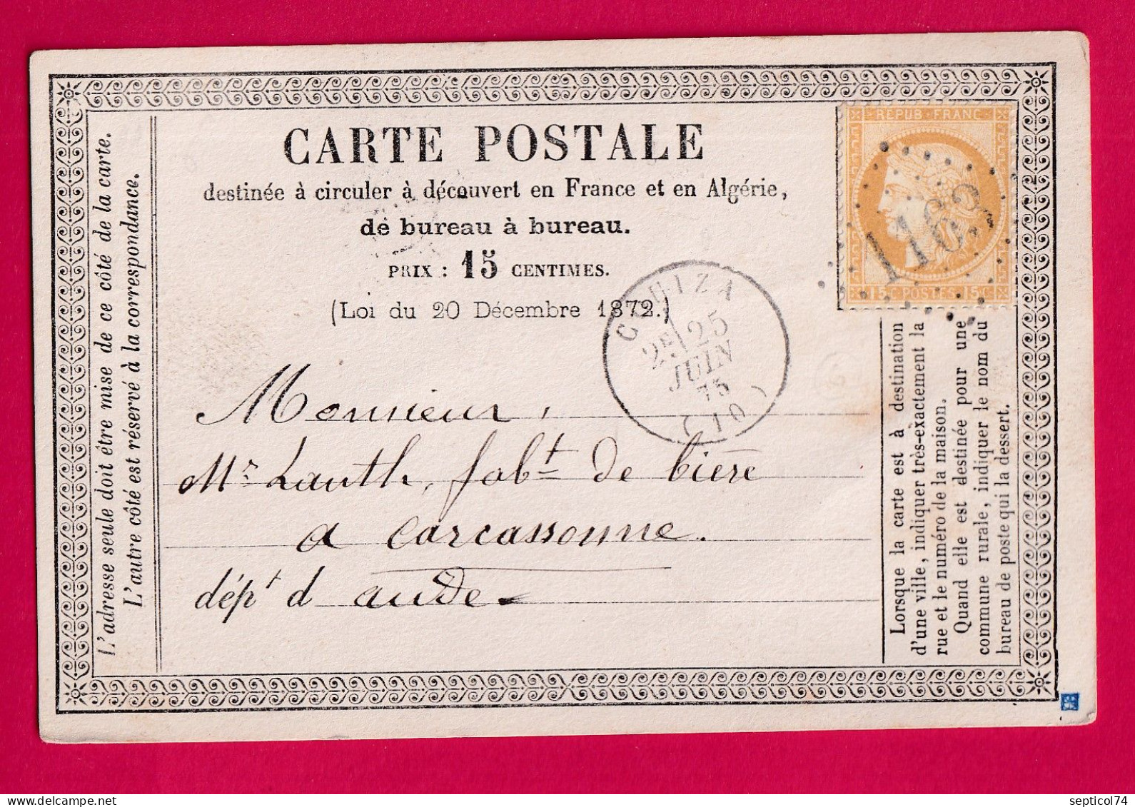 N°55 GC 1163 COUIZA AUDE POUR CARCASSONNE CARTE PRECURSEUR LETTRE - 1849-1876: Classic Period