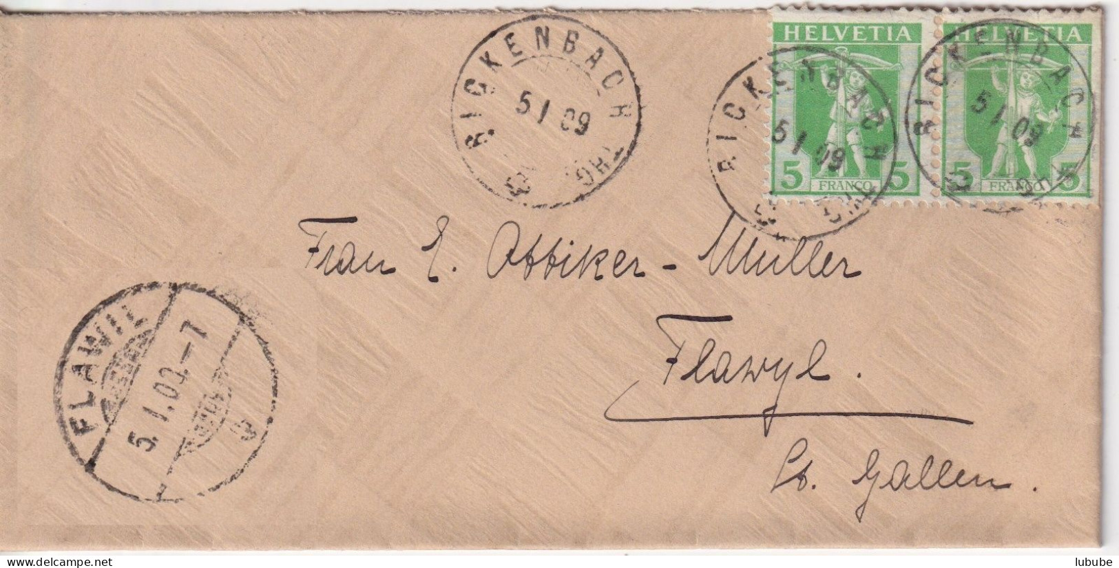 Brieflein  Rickenbach Thg - Flawyl       1909 - Storia Postale