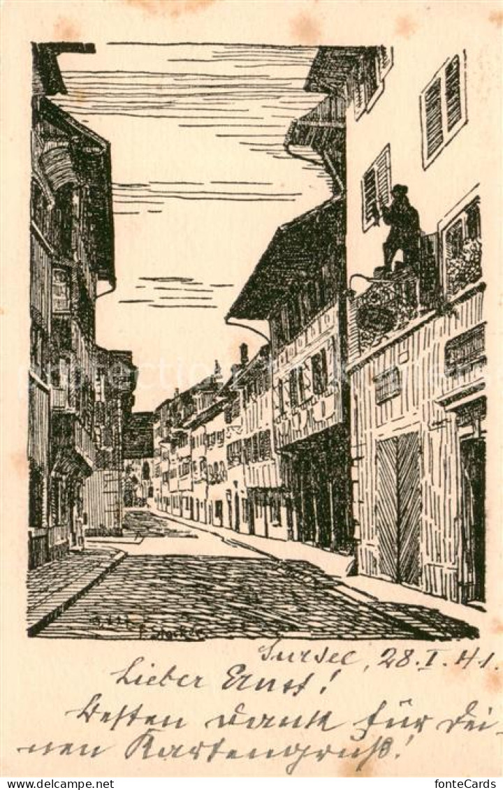 13798819 Zug  ZG Altstadt Untergasse Militaerpost Zeichnung Kuenstlerkarte  - Autres & Non Classés