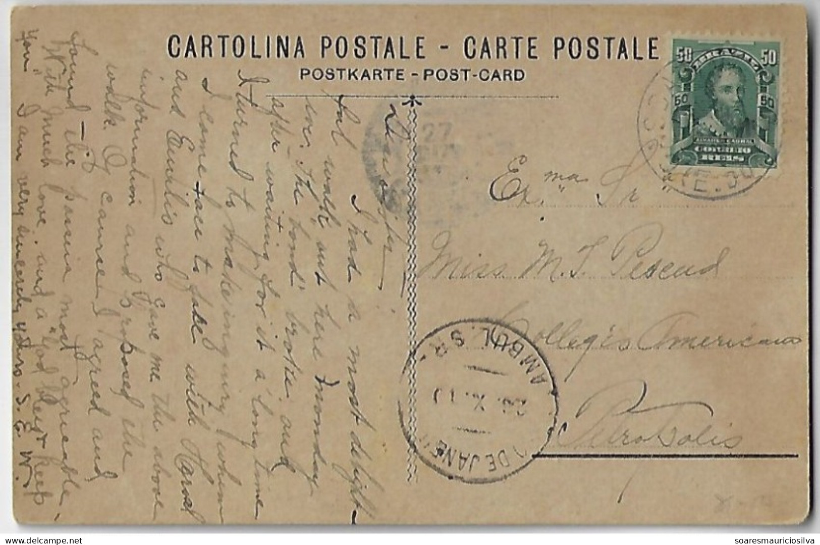 Brazil Rio De Janeiro 1910 Postcard Photo No.14 From Cascatinha To Petrópolis Cancel Ambulant Post Office SR4 Stamp 50Rs - Altri & Non Classificati