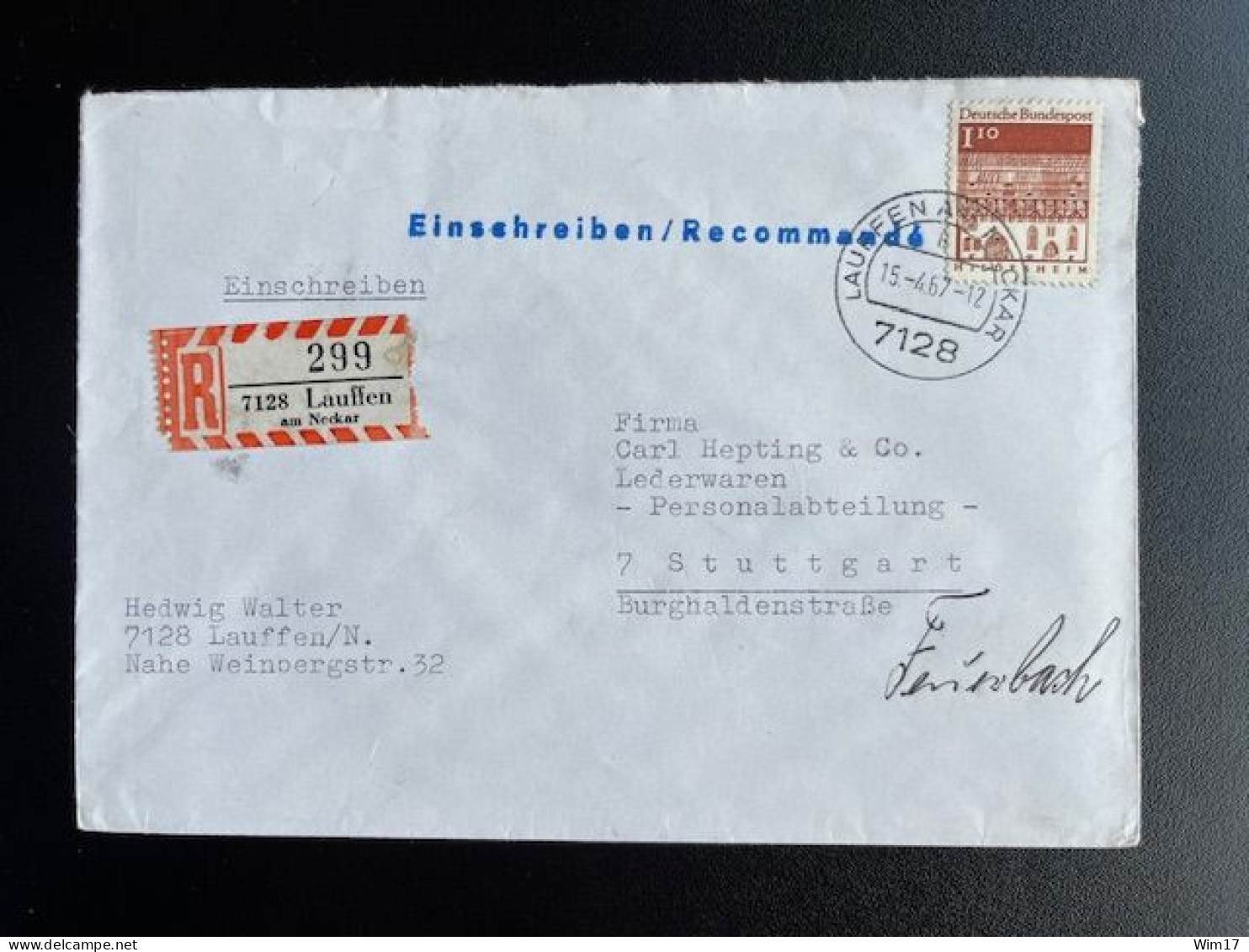 GERMANY 1967 REGISTERED LETTER LAUFFEN AM NECKAR TO STUTTGART 15-04-1967 DUITSLAND DEUTSCHLAND EINSCHREIBEN - Briefe U. Dokumente