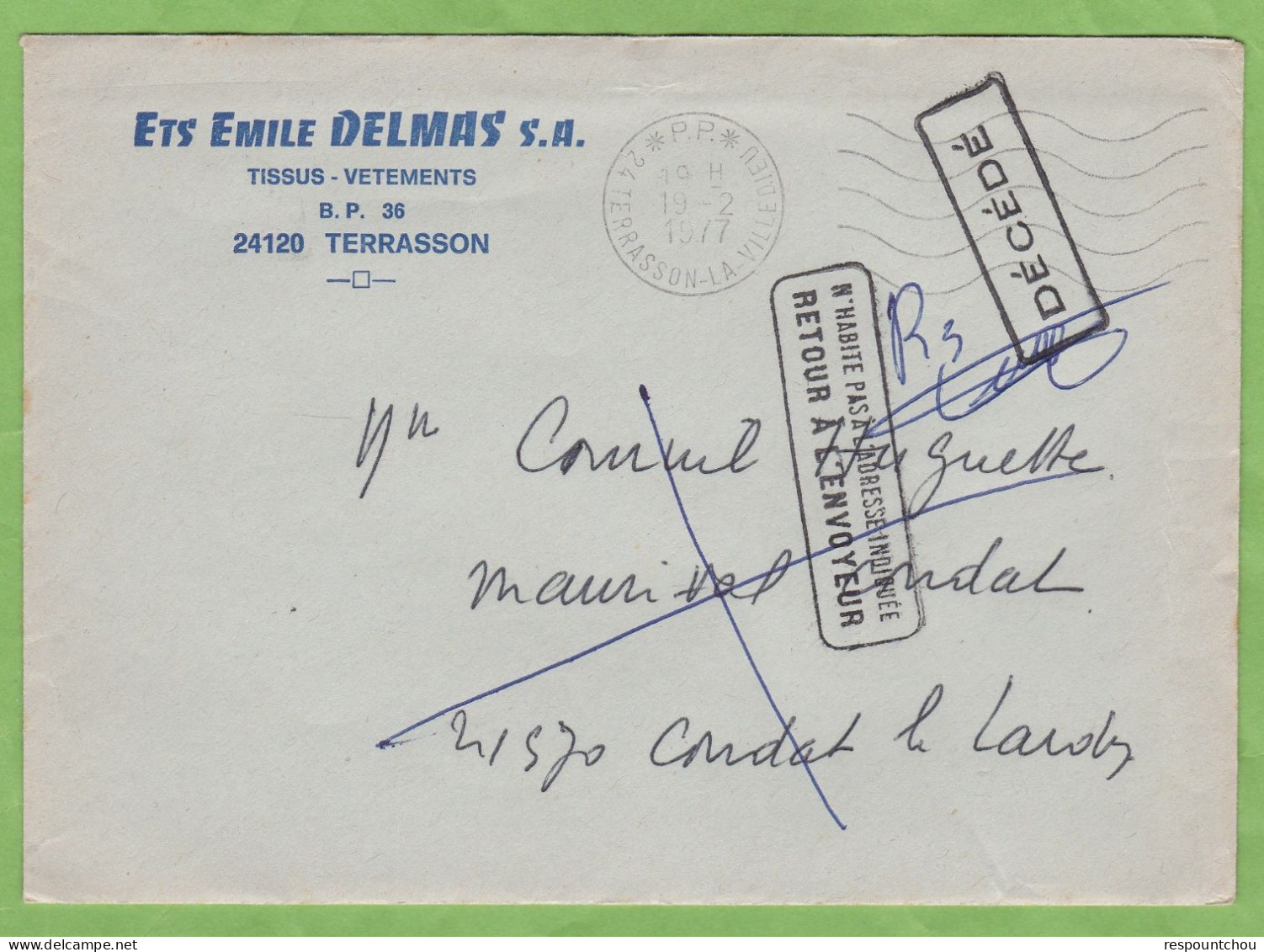 Cachet Linéaire Retour à L'Envoyeur CONDAT LE LARDIN + DECEDE 24 Dordogne 1977 - Handstempel