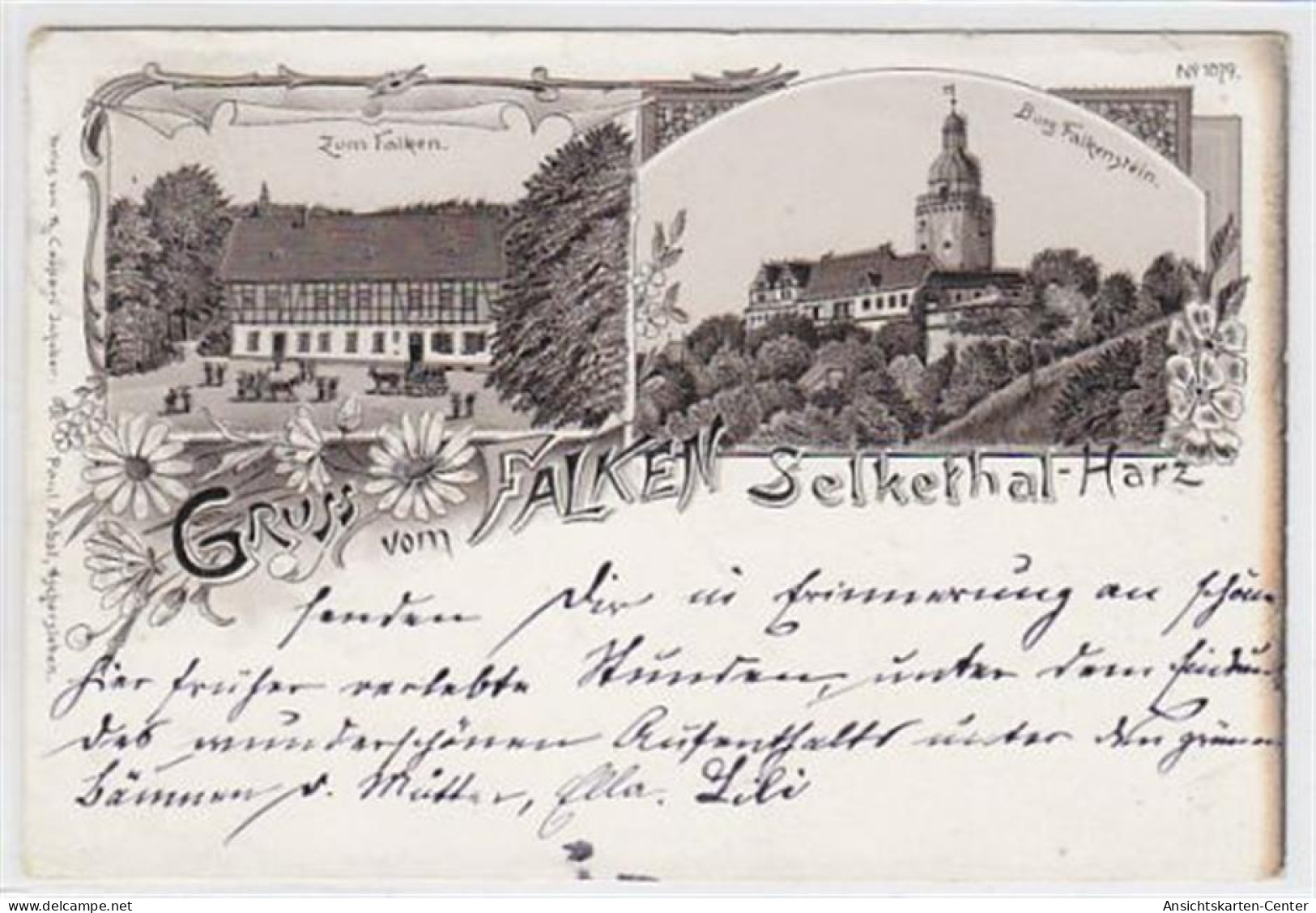 39003508 - Lithographie Gruss Vom Falken Selkethal-Harz. Gasthof Zum Falken Burg Falkenstein Gelaufen 1897. Oxydationss - Bernburg (Saale)