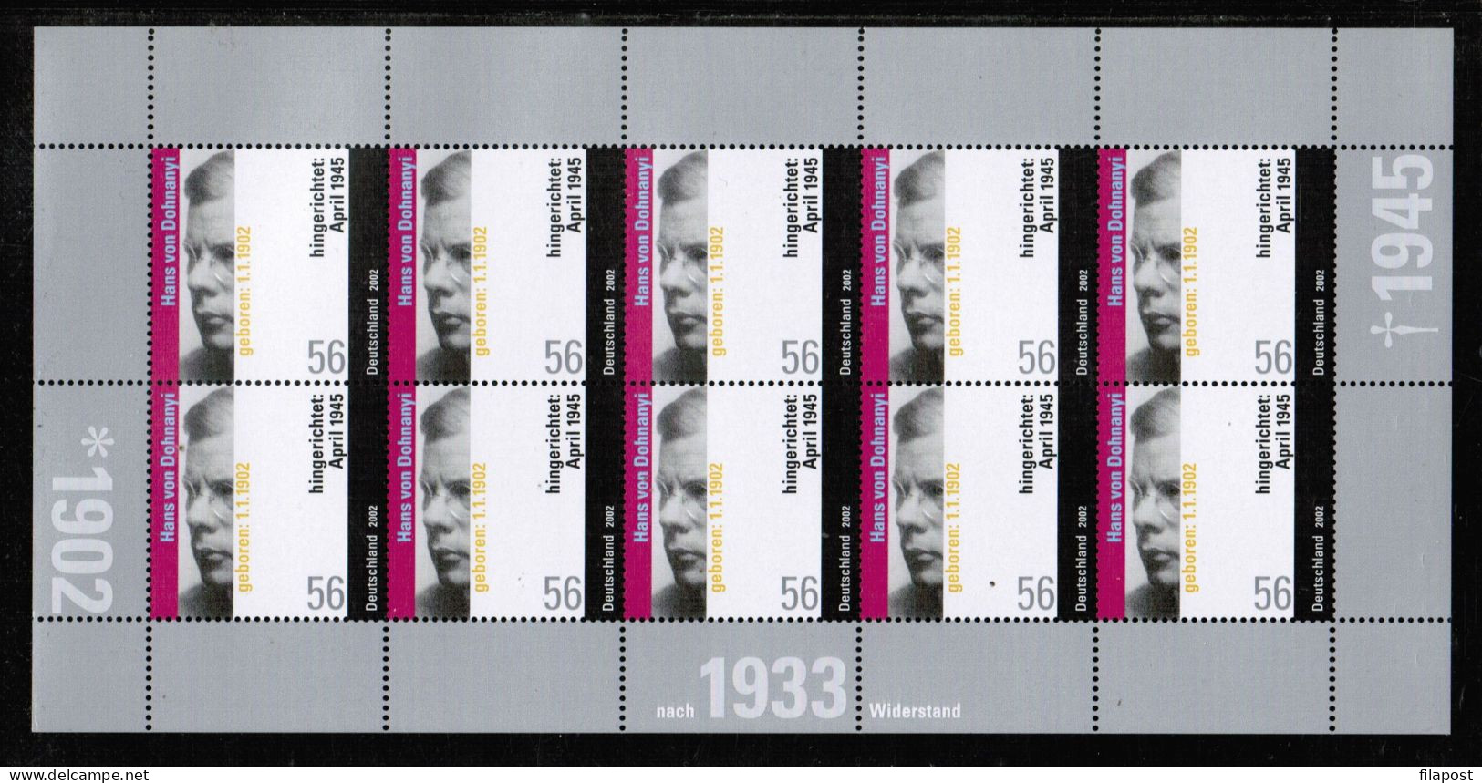 Germany 2002 / Michel 2233 Kb - Hans Von Dohnanyi, German Jurist, Nazi Resistance, Jews Escape - Sheet Of 10 Stamps MNH - Unused Stamps