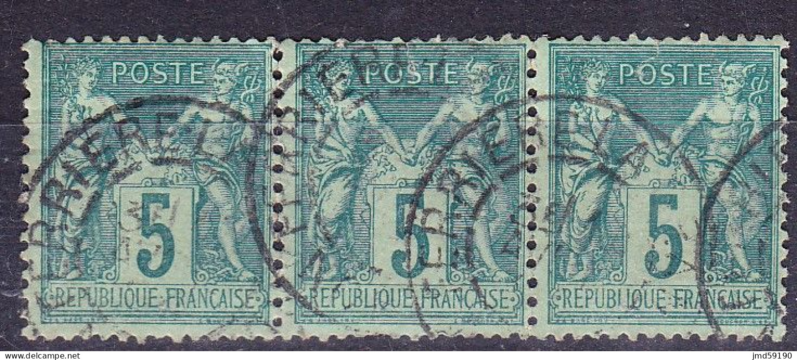 FRANCE N°75 En Bande De 3 Oblitérée, Type Sage  5c Vert Type 2 - 1876-1898 Sage (Type II)