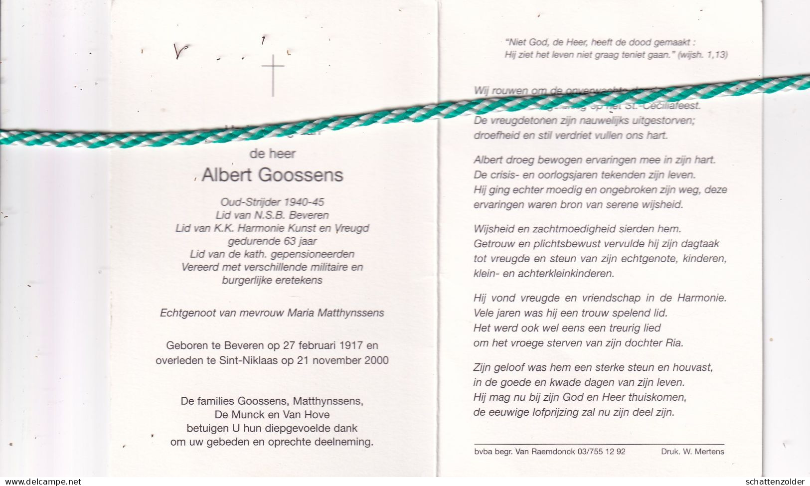 Albert Goossens-Matthynssens, Beveren 1917, Sint-Niklaas 2000. Oud-strijder 40-45; Foto - Overlijden