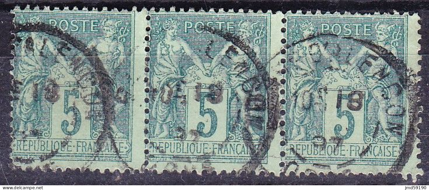 FRANCE N°75 En Bande De 3 Oblitérée, Type Sage  5c Vert Type 2 - 1876-1898 Sage (Tipo II)