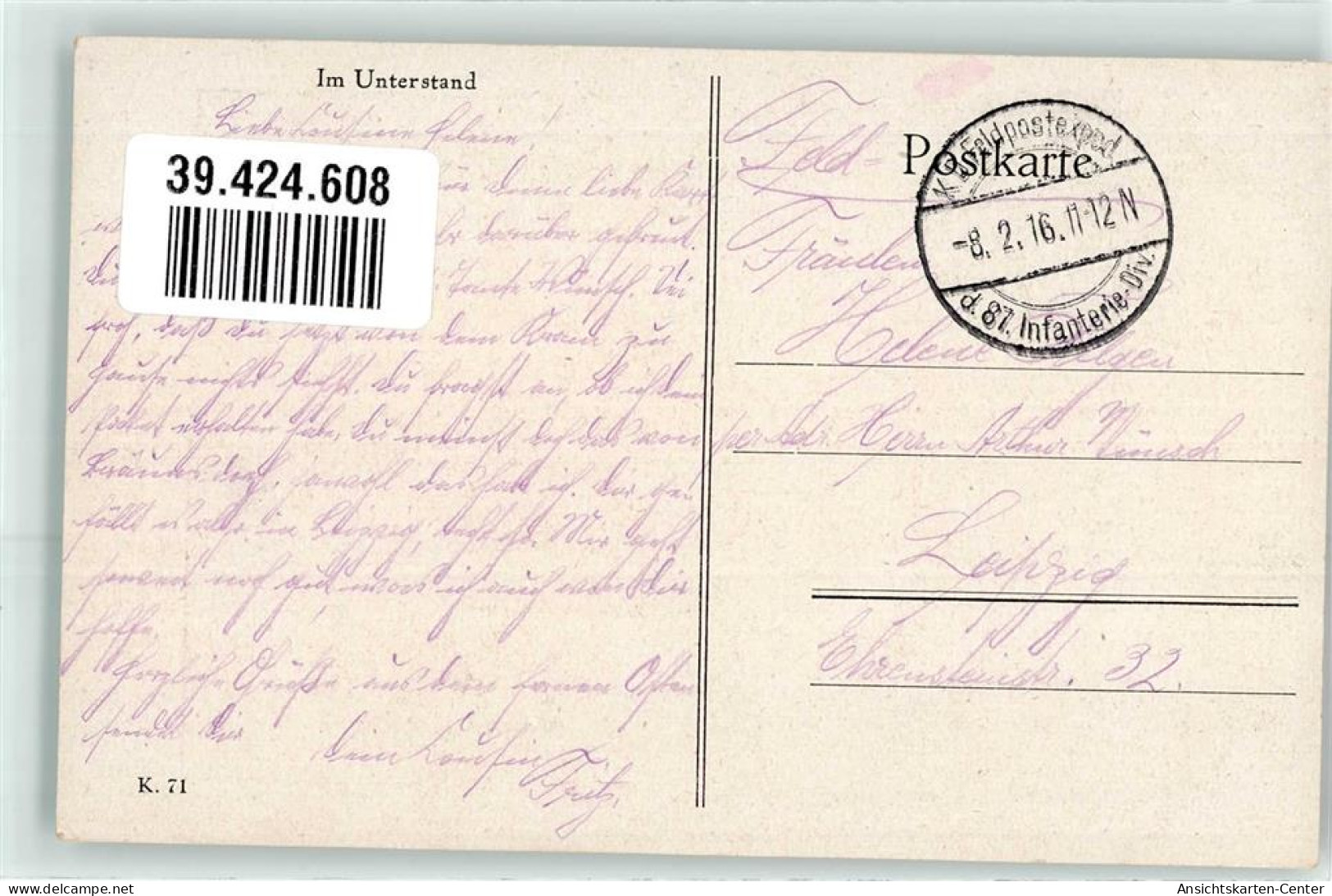 39424608 - Im Unterstand Feldpost87 Infanterie Division - Other & Unclassified