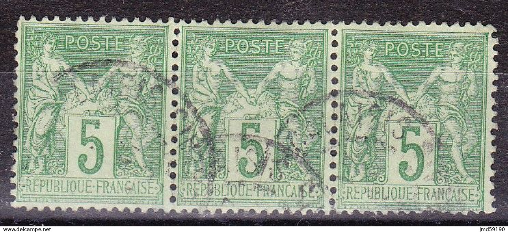 FRANCE N°102 En Bande De 3 Oblitérée, Type Sage 5c Vert-jaune Type 1 - 1876-1898 Sage (Tipo II)