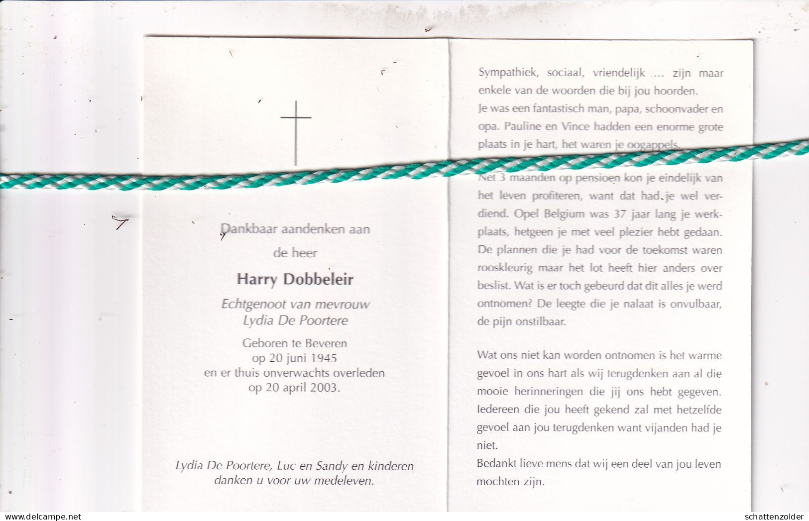 Harry Dobbeleir-De Poortere, Beveren 1945, 2003. Foto - Todesanzeige