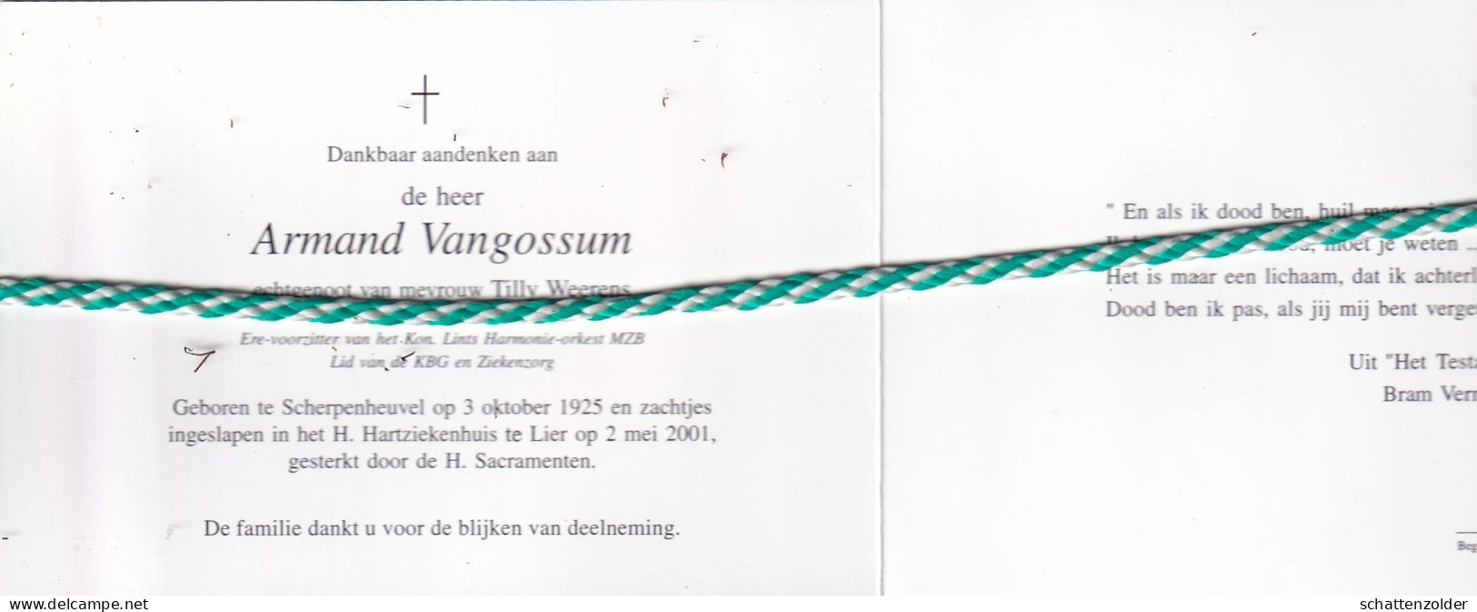 Armand Vangossum-Weerens, Scherpenheuvel 1925, Lier 2001; Foto Muzikant - Obituary Notices