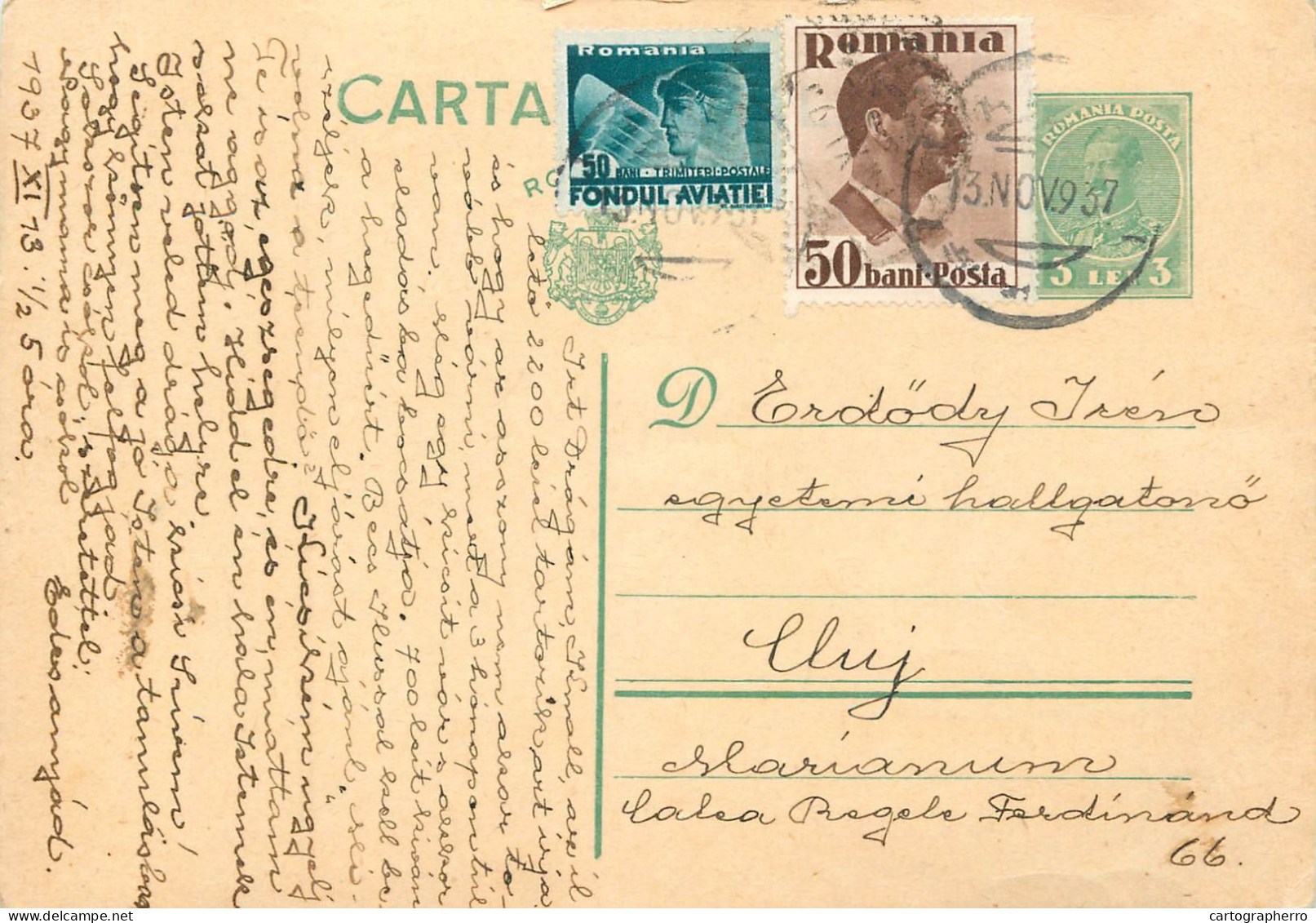 Romania Postal Card 1937 Cluj Royalty Franking Stamps King Mihai - Romania