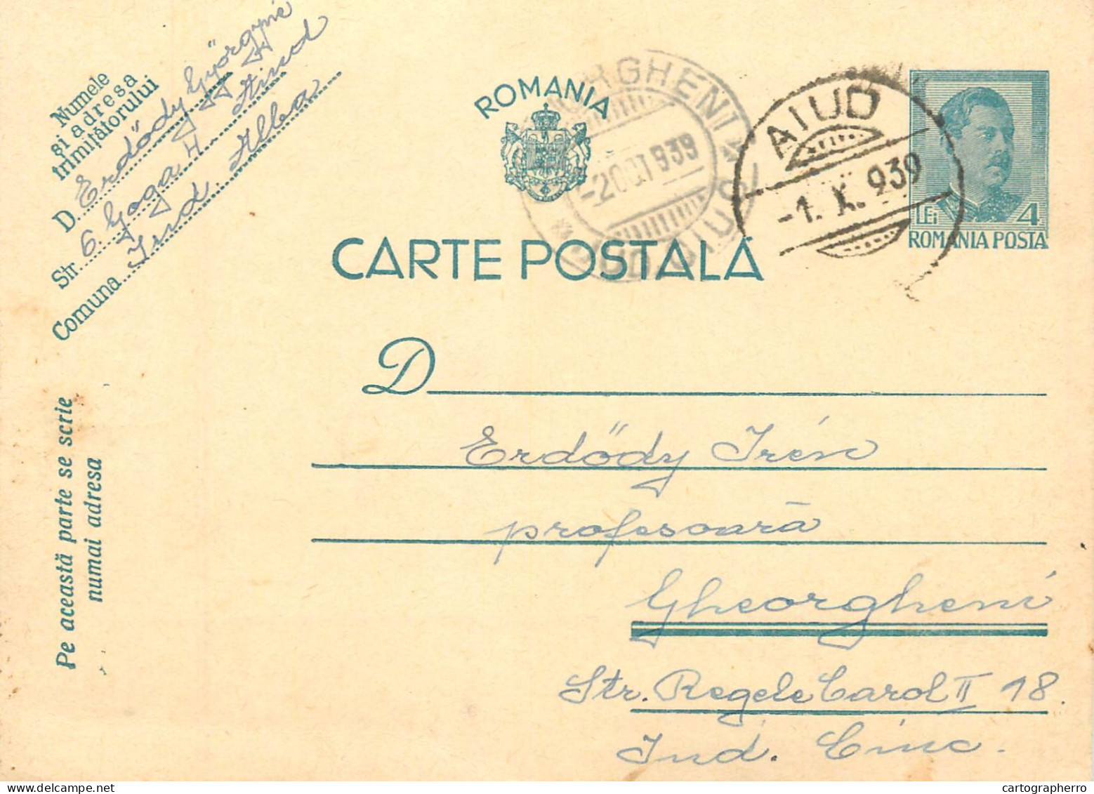 Romania Postal Card 1939 Gheorgheni Royalty Franking Stamps King - Roumanie