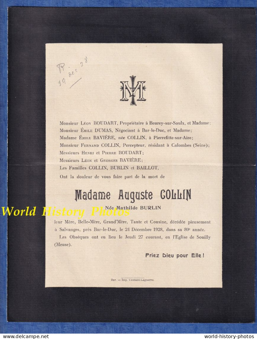 Document Ancien De 1928 - SALVANGES P. BAR LE DUC  Meuse - Mathilde BURLIN épouse D' Auguste COLLIN - Eglise De Souilly - Todesanzeige