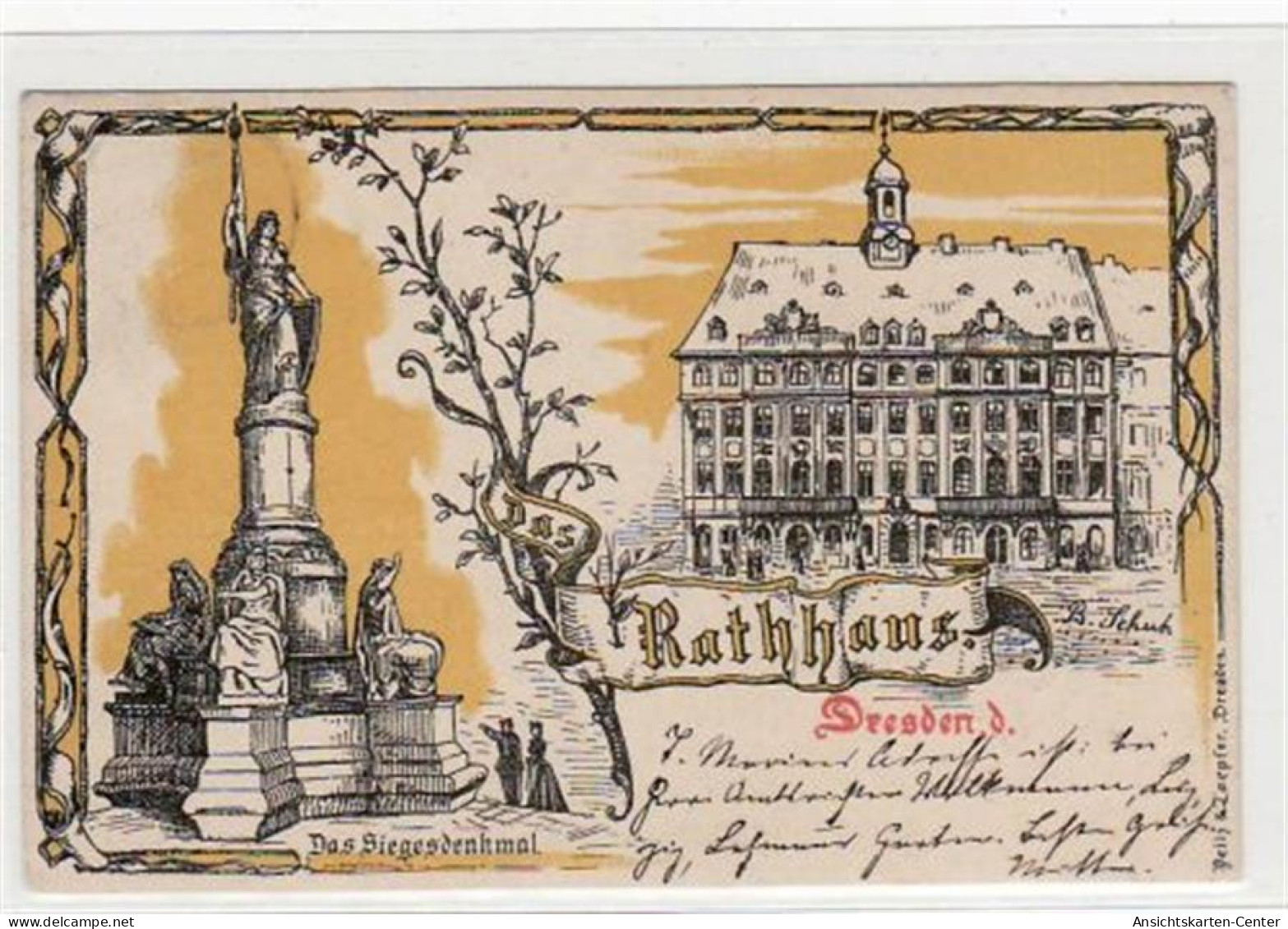 39028308 - Dresden, Lithographie Mit Rathaus Und Siegesdenkmal Gelaufen Von 1898. Gute Erhaltung. - Dresden