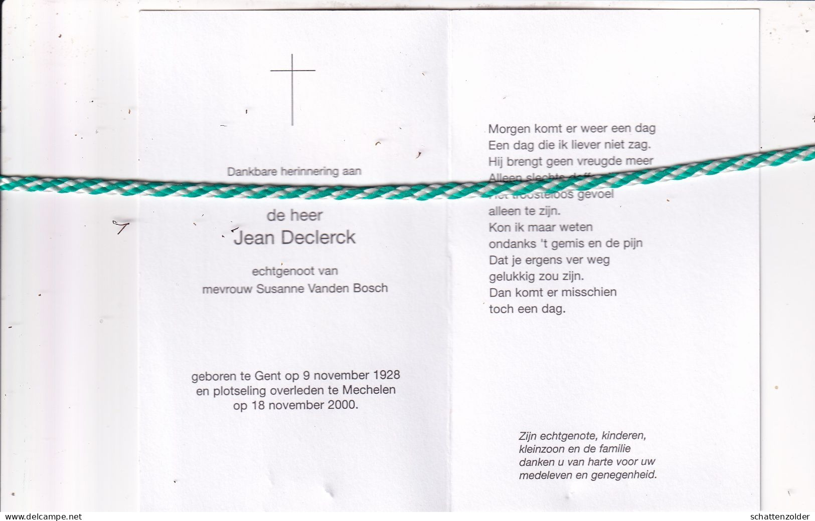 Jean Declerck-Vanden Bosch, Gent 1928, Mechelen 2000. Foto - Esquela