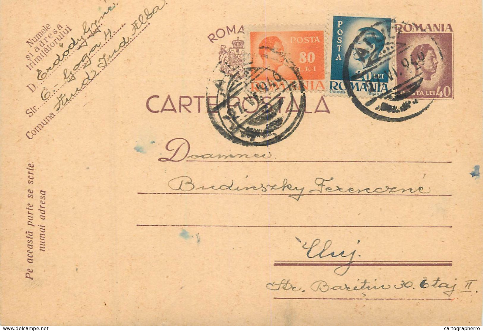 Romania Postal Card  Aiud 1940 Cluj Royalty Franking Stamps - Roumanie