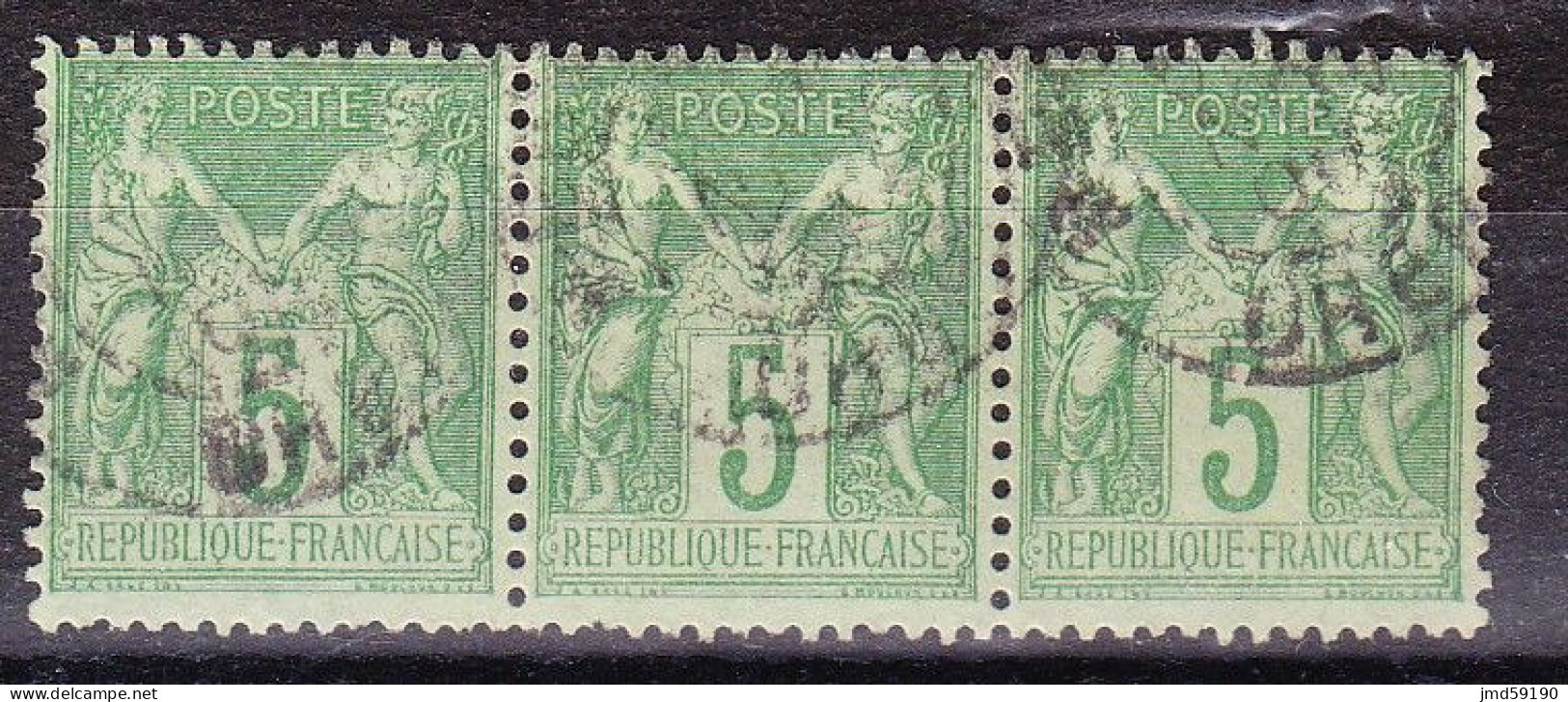 FRANCE N°102 En Bande De 3 Oblitérée, Type Sage 5c Vert-jaune Type 1 - 1876-1898 Sage (Tipo II)