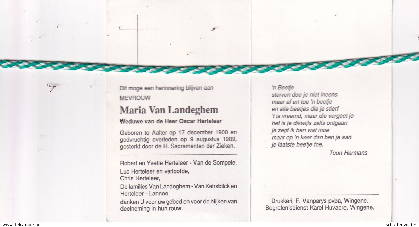Maria Van Landeghem-Herteleer, Aalter 1900, 1989. - Todesanzeige