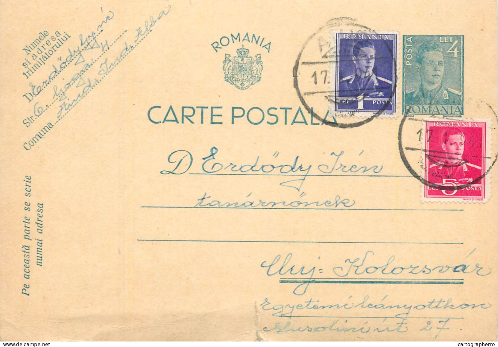 Romania Postal Card Cluj 1941 Cluj Franking Stamps - Romania