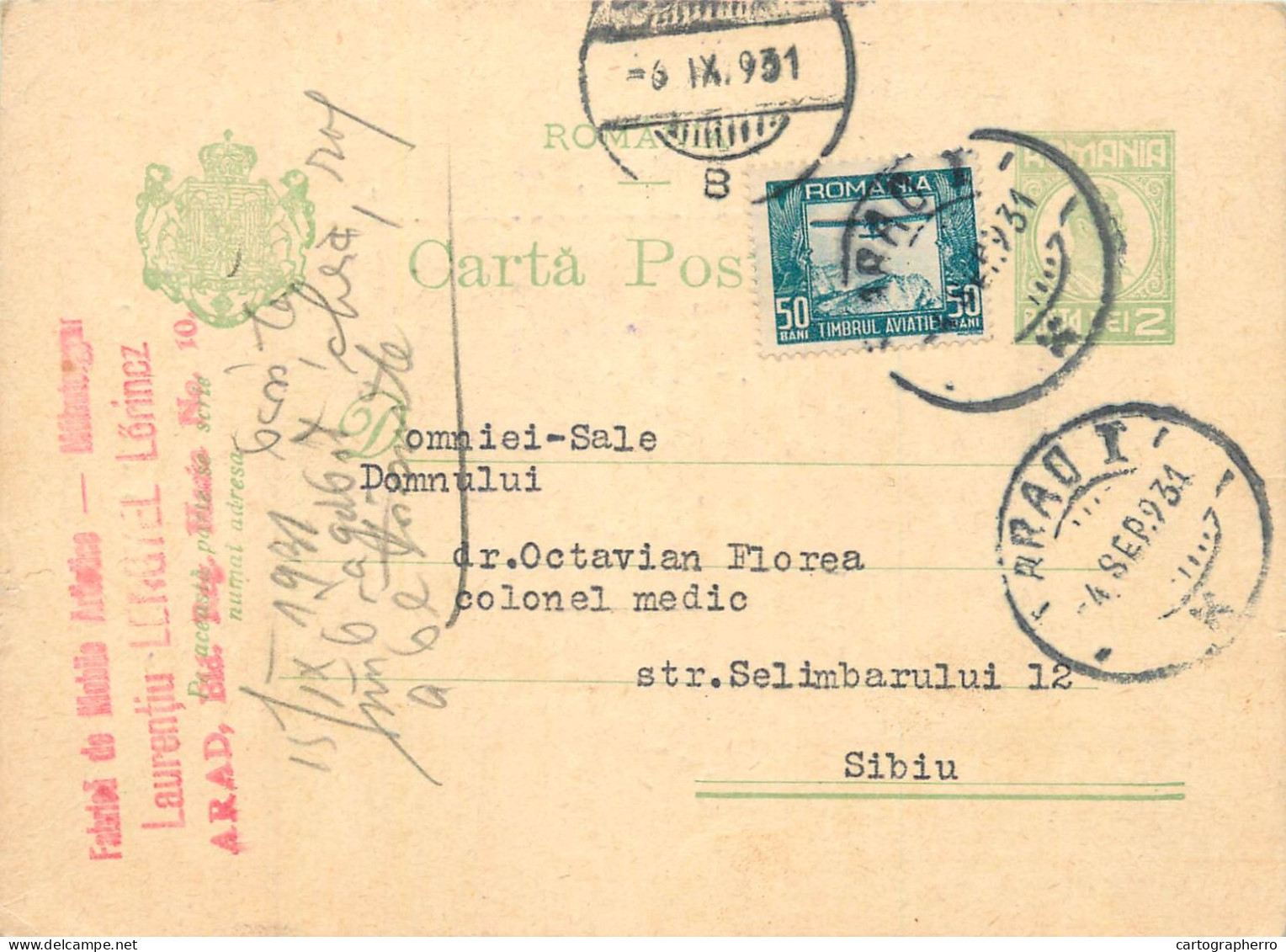 Romania Postal Card 1931 Sibiu Royalty Franking Stamps - Roumanie