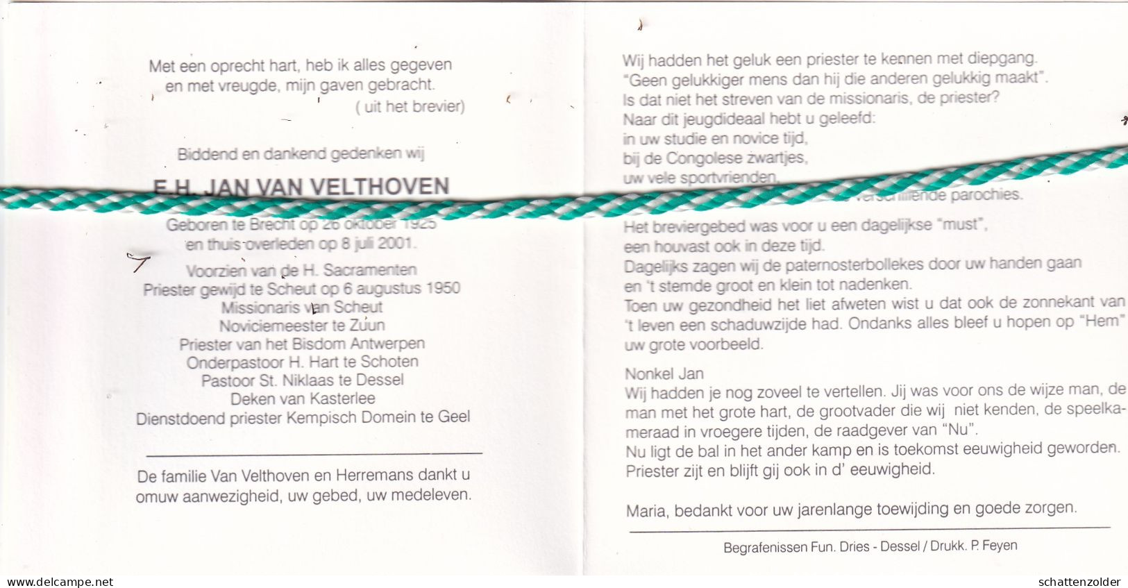 Priester Jan Van Velthoven, Brecht 1925, 2001. Zuun,Schoten,Dessel,Kasterlee,Geel; Foto - Décès