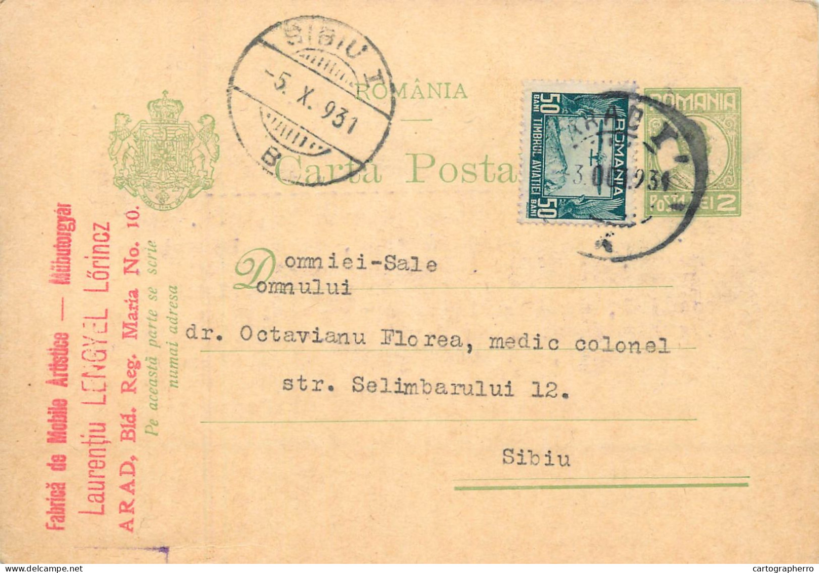 Romania Postal Card 1931 Sibiu Arad Royalty Franking Stamps - Romania