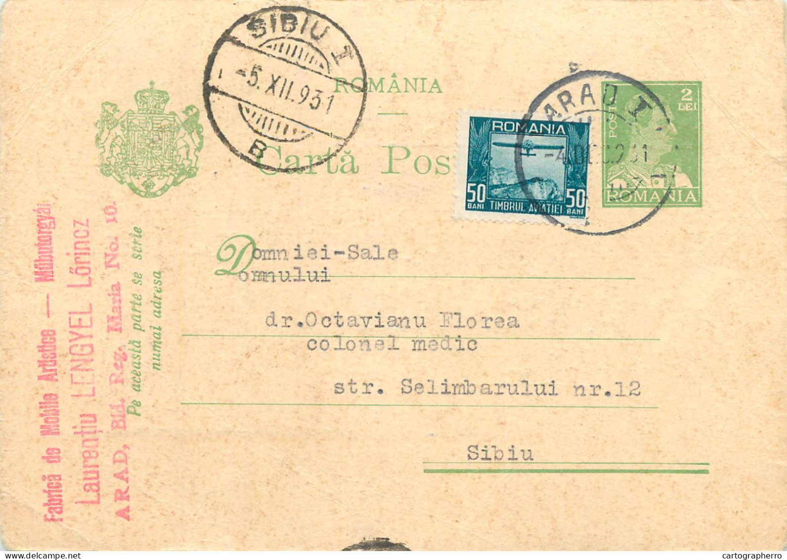 Romania Postal Card 1931 Sibiu Arad Royalty Franking Stamps - Romania