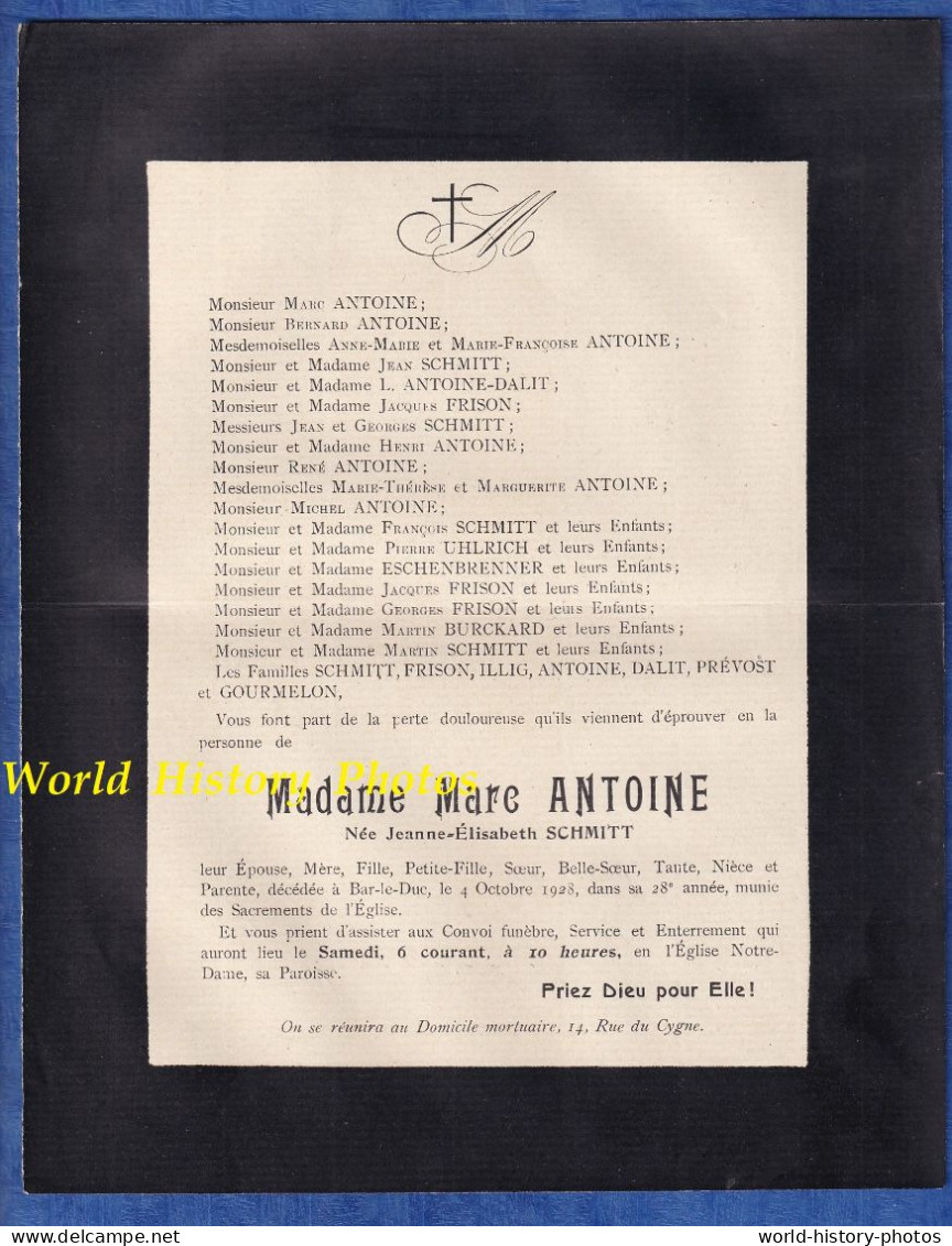 Document Ancien De 1928 - BAR LE DUC  Meuse - Jeanne Elisabeth SCHMITT épouse De Marc ANTOINE - Rue Du Cygne - Obituary Notices