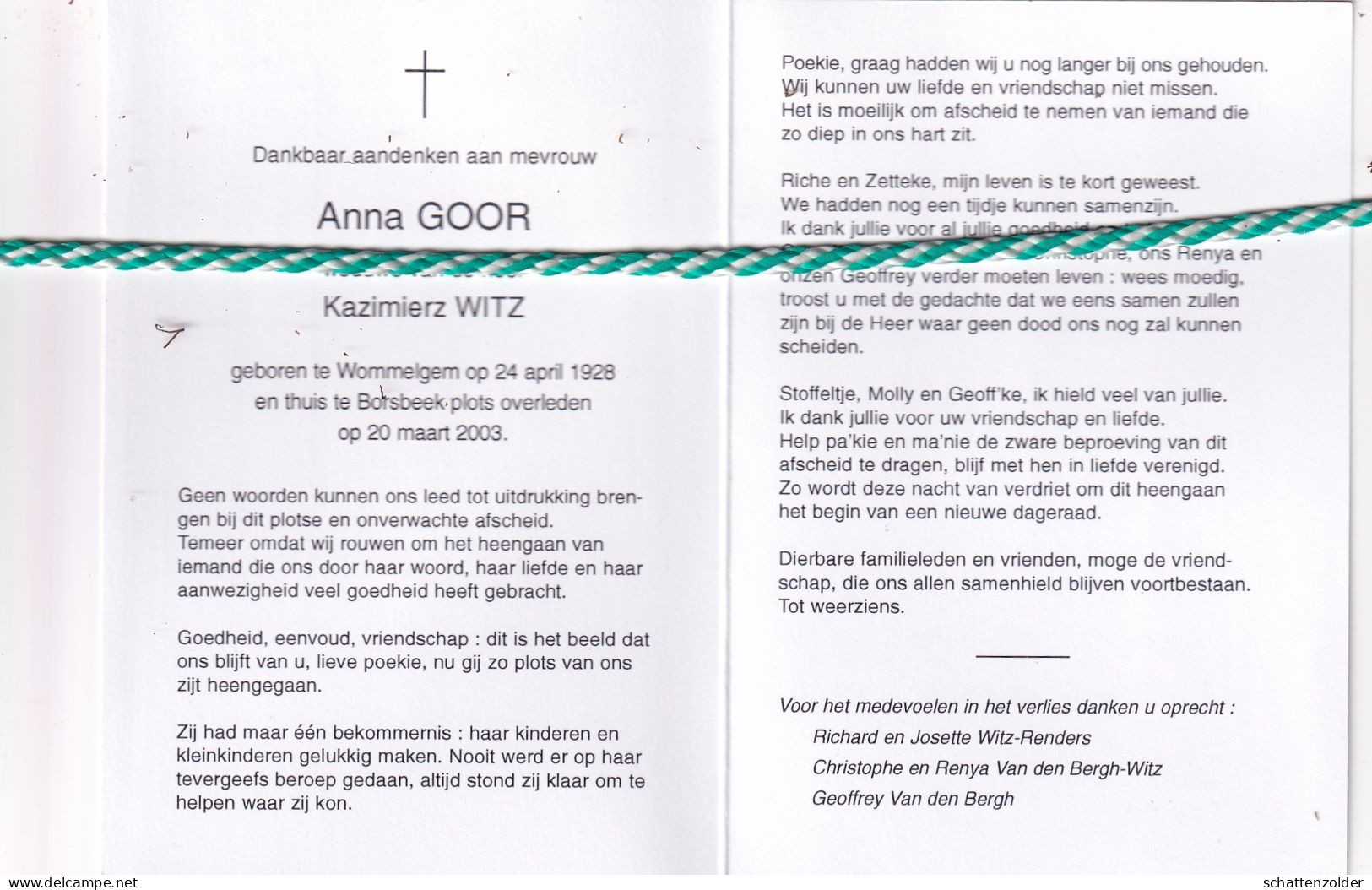 Anna Goor-Witz, Wommelgem 1928, Borsbeek 2003. Foto - Décès