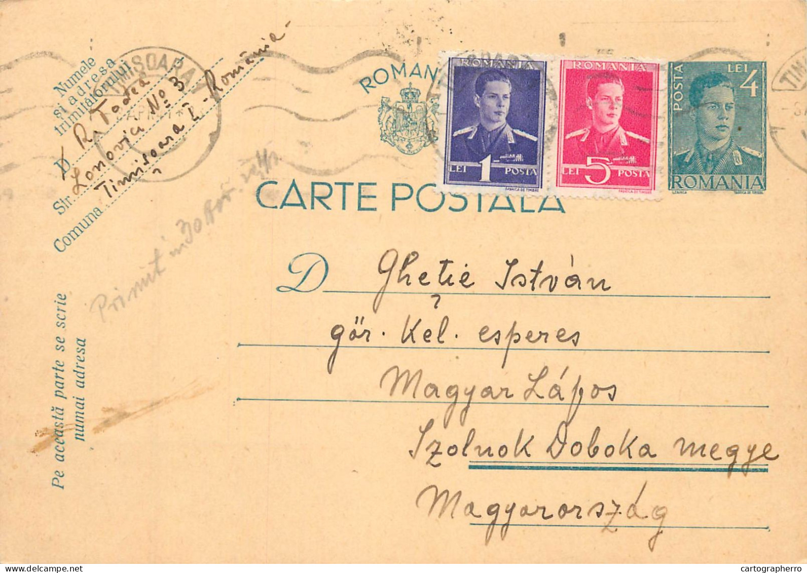 Romania Postal Card 1941 Timisoara Royalty Franking Stamps - Roumanie