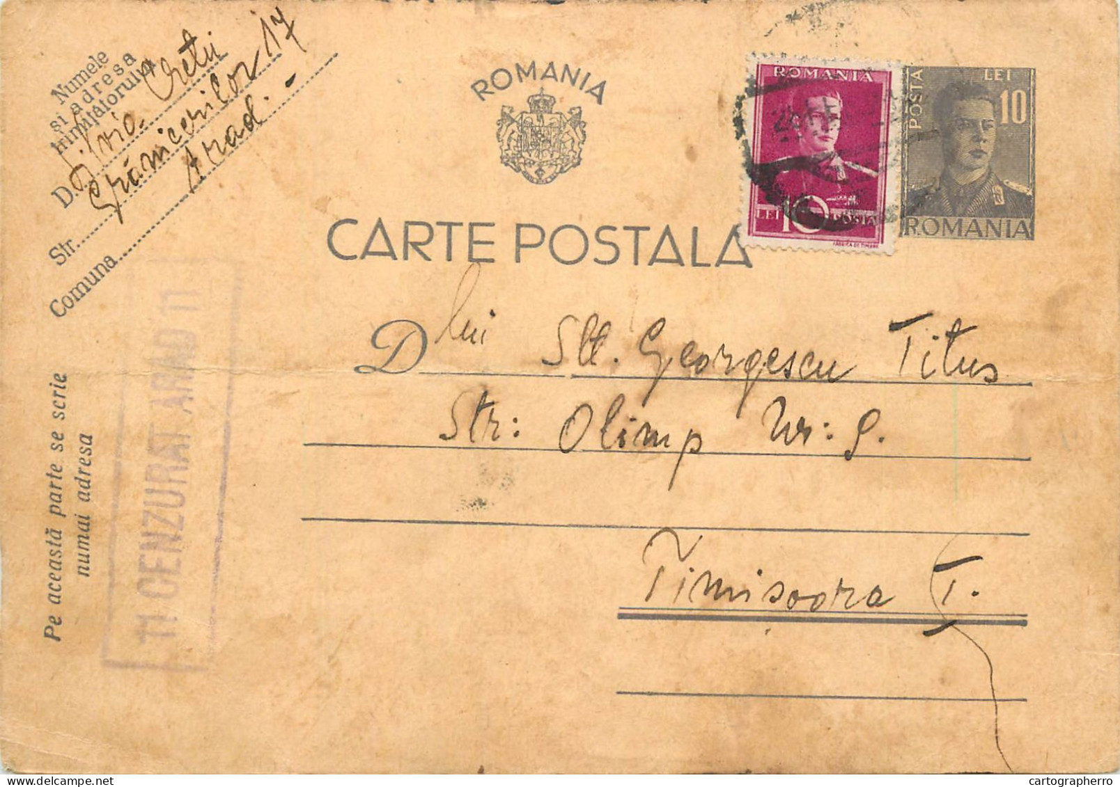 Romania Postal Card 1941 Timisoara Royalty Franking Stamps - Roumanie