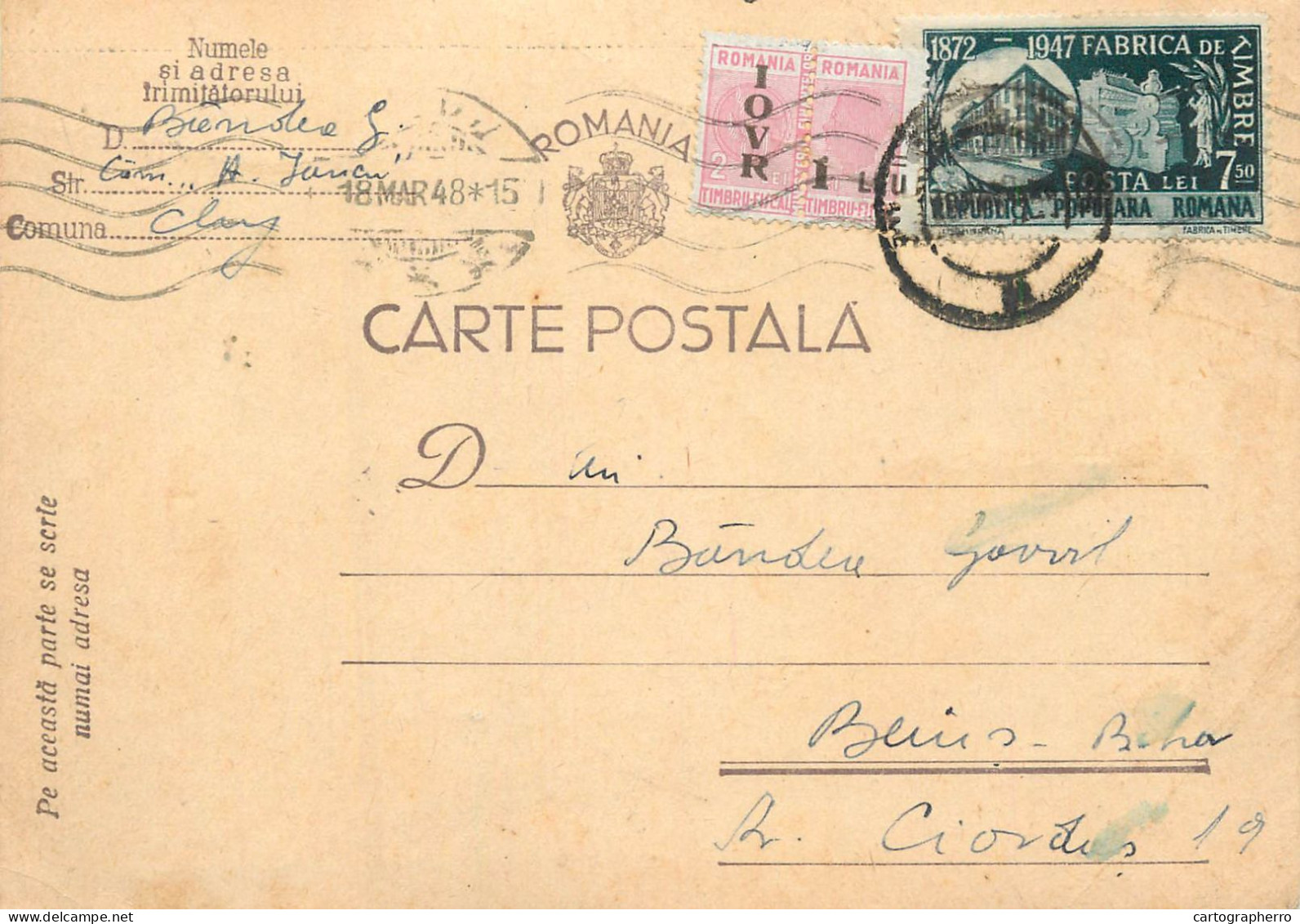 Romania Postal Card 1948 Beius Cluj - Romania