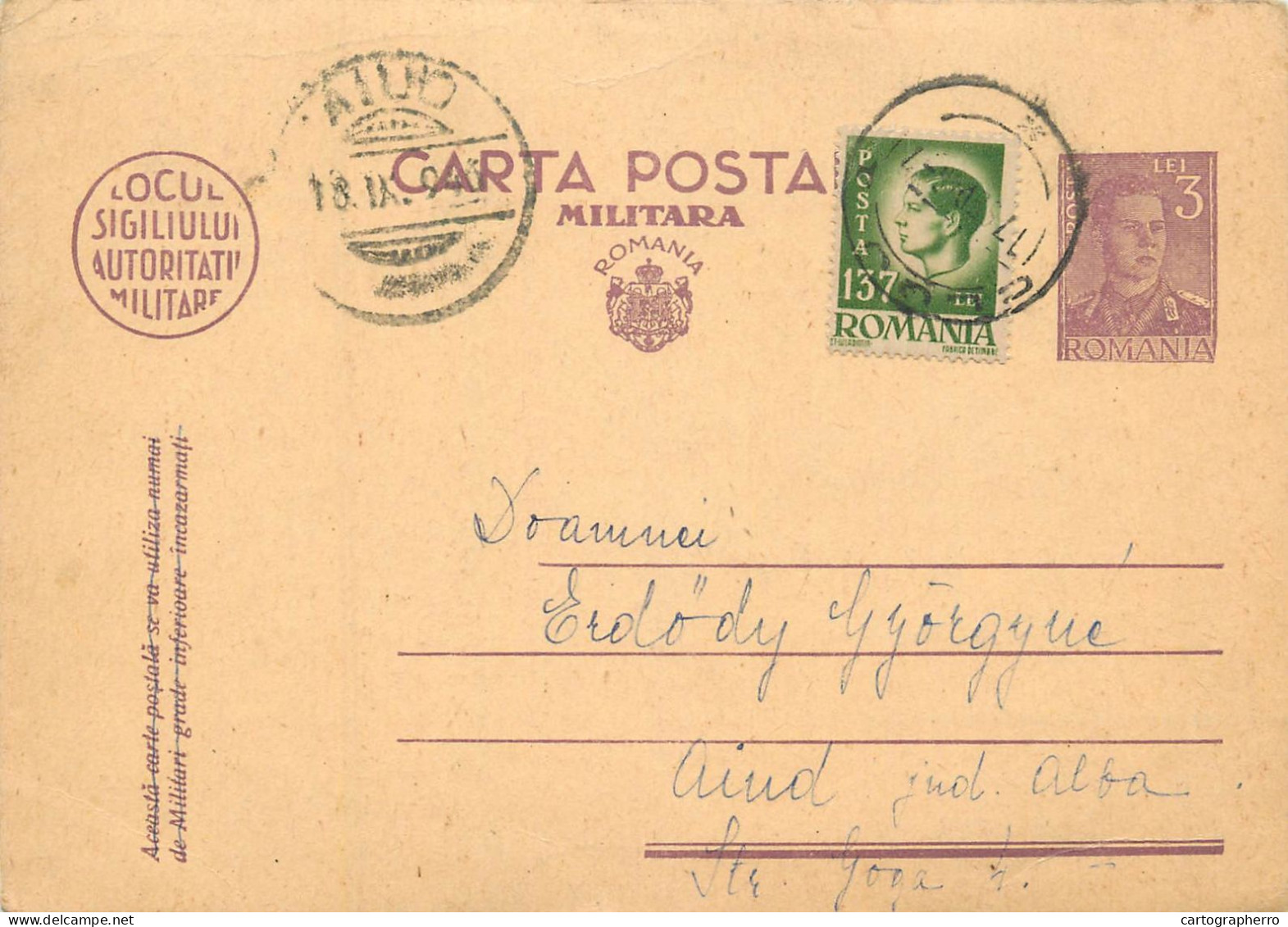 Romania Postal Card 1946 Aiud Royalty Franking Stamps - Rumänien