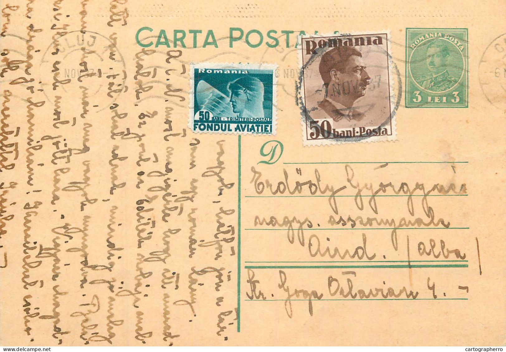 Romania Postal Card 1937 Aiud Cluj Royalty Franking Stamps - Rumänien