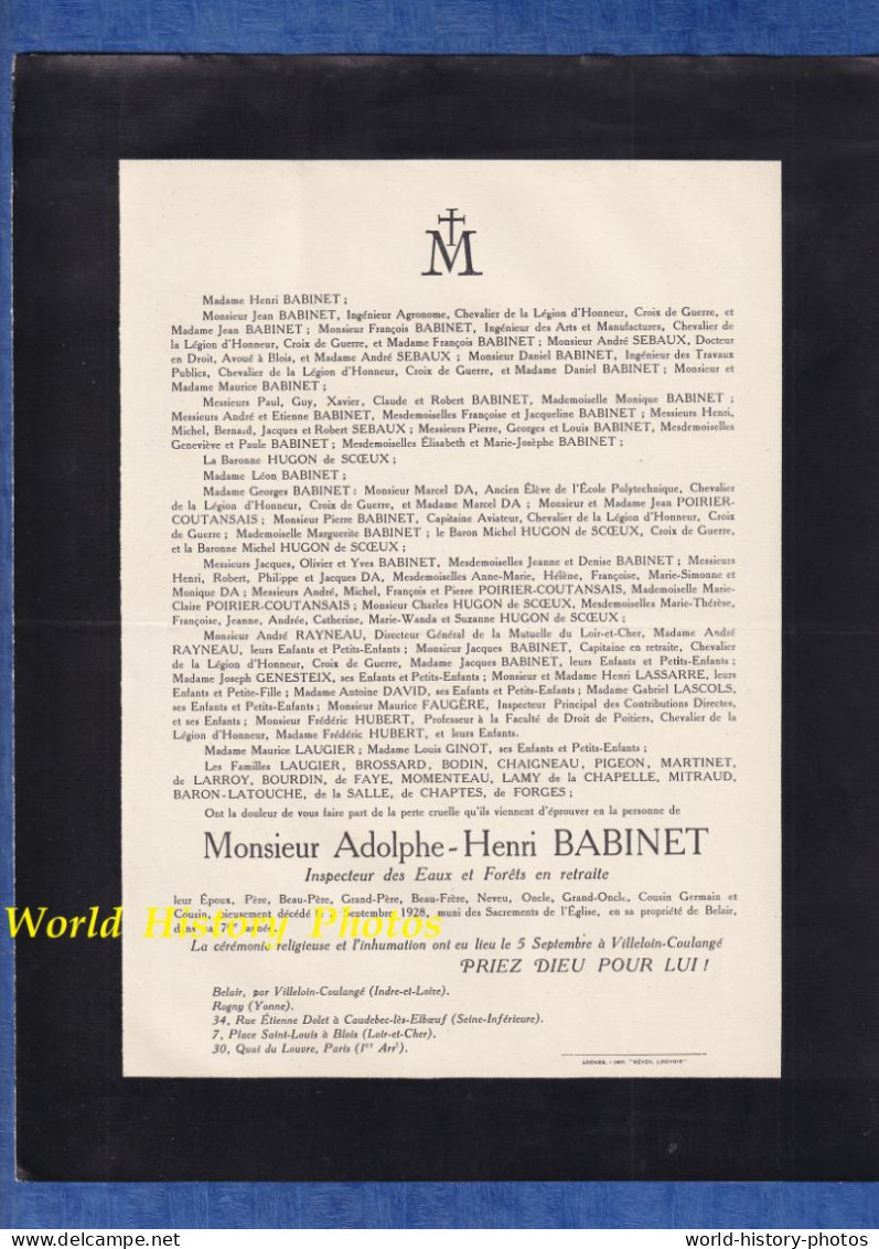 Document Ancien De 1928 - BELAIR Par Villeloin Coulangé - Adolphe Henri BABINET Inspecteur Des Eaux Et Forets - Rogny - Obituary Notices