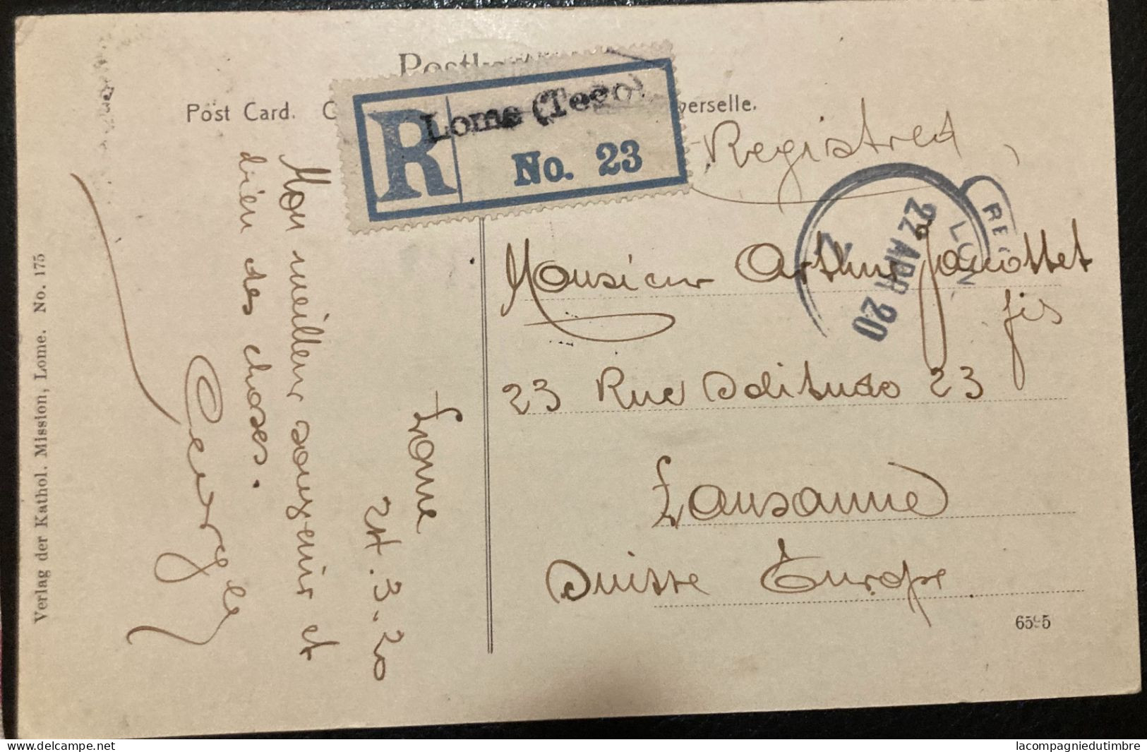 Togo Belle Carte Postale Recommandée De 1920. TB - Briefe U. Dokumente