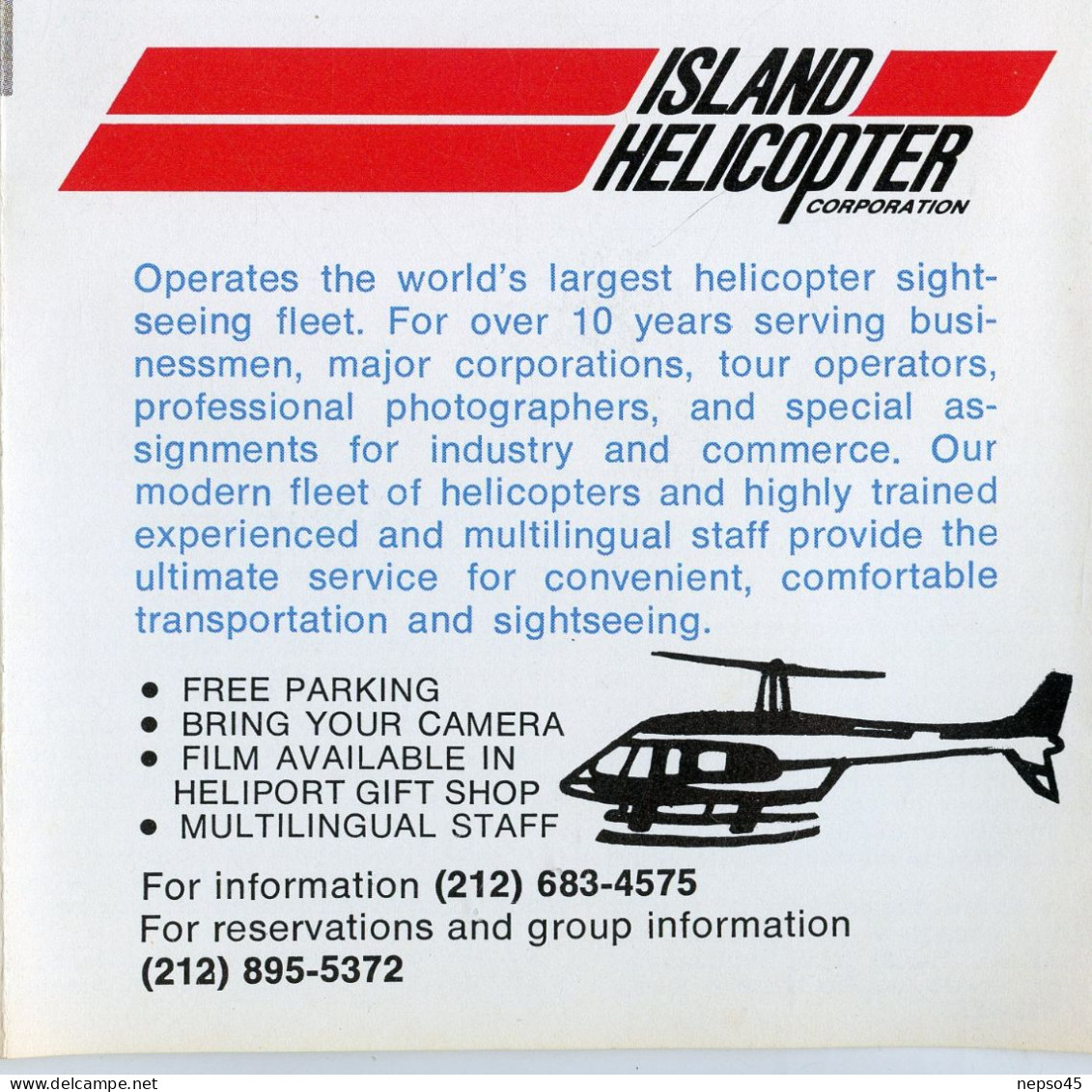 Dépliant touristique.Amérique.U.S.A.Sight-See New York by Helicopter.Island Helicopter Corporation.East River.