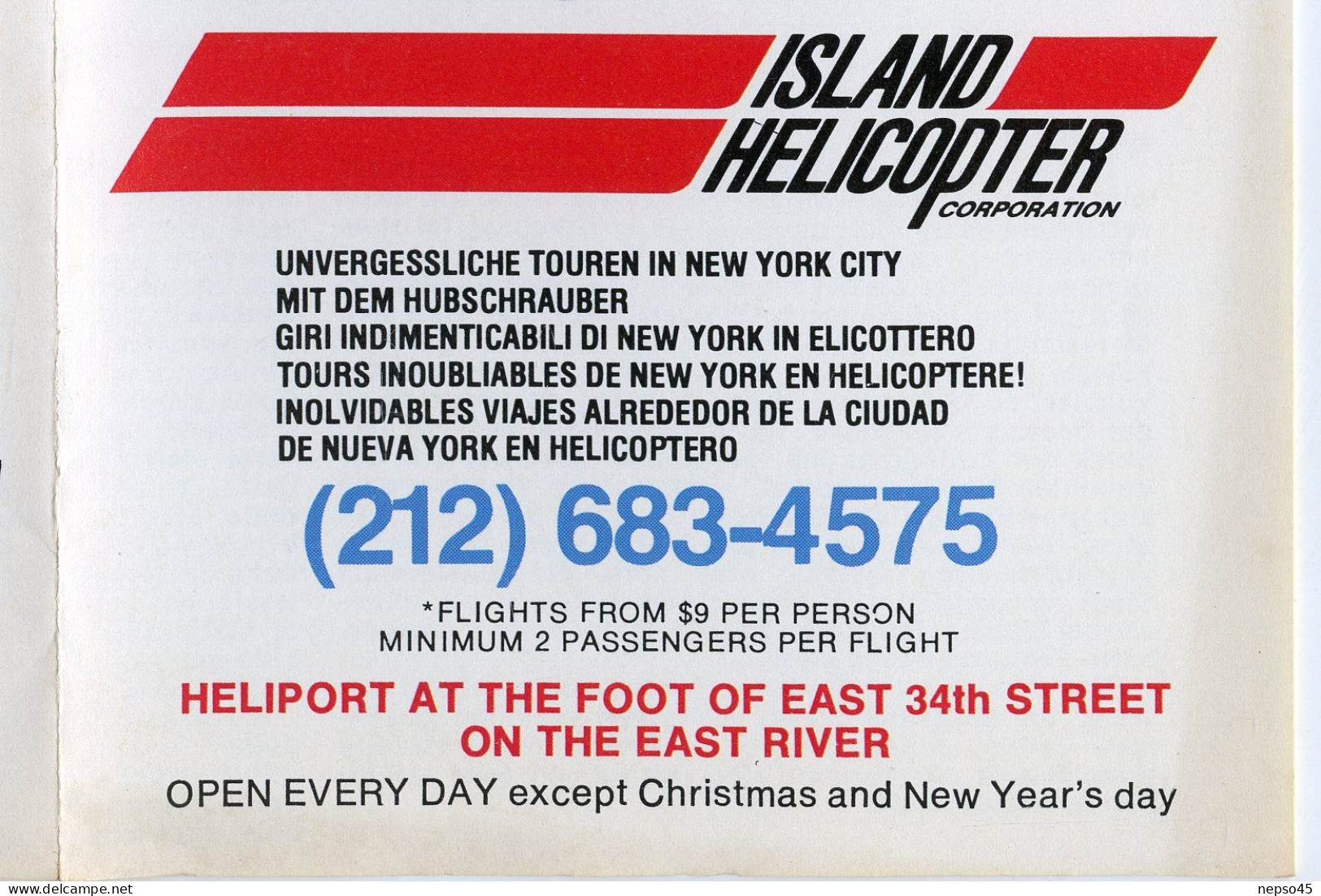 Dépliant touristique.Amérique.U.S.A.Sight-See New York by Helicopter.Island Helicopter Corporation.East River.