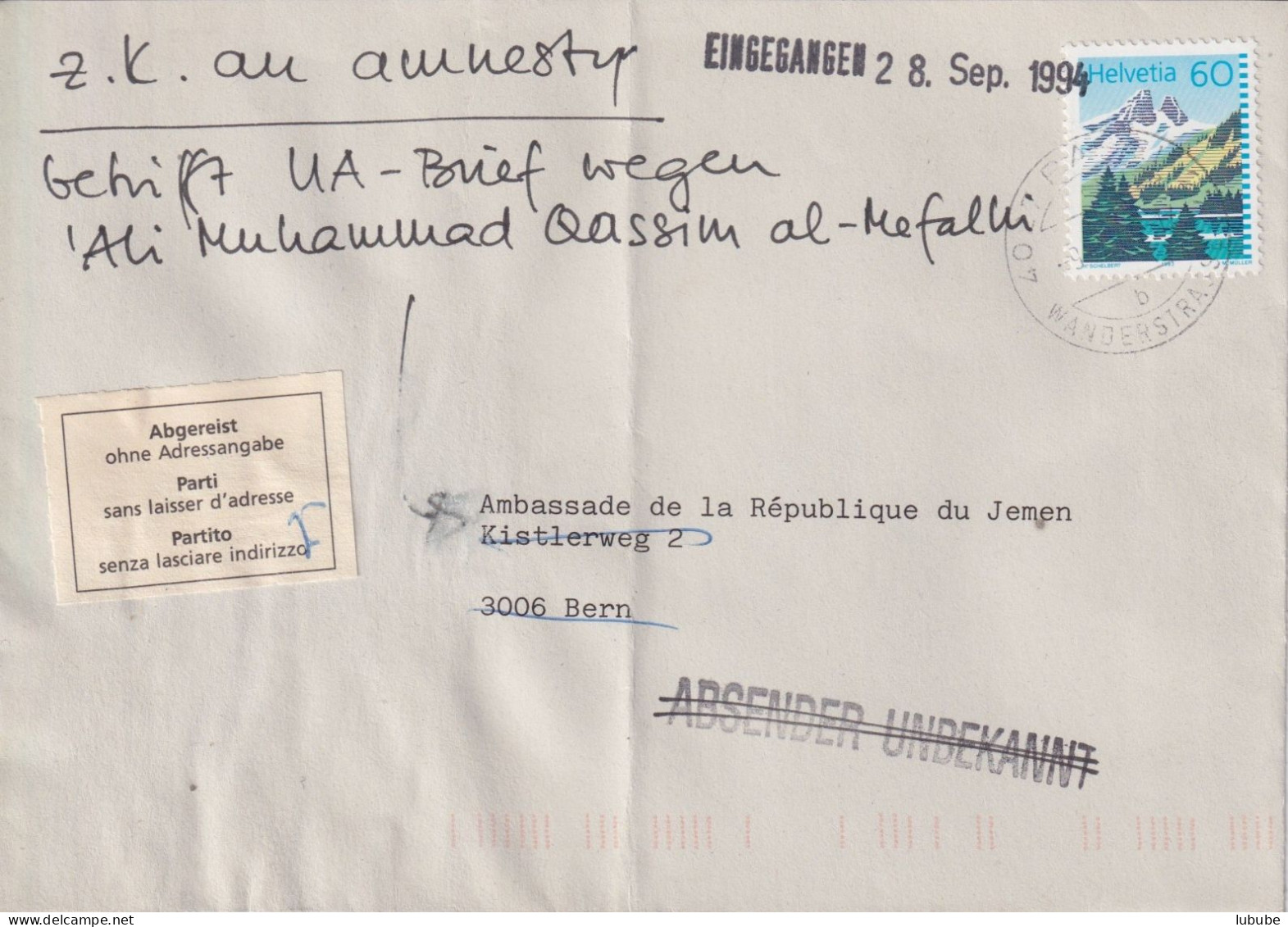 Brief  Basel Wanderstrasse - Bern  (Irrläufer)       1994 - Briefe U. Dokumente