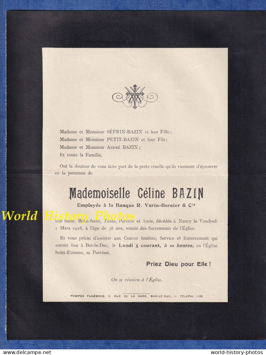 Document Ancien De 1928 - BAR LE DUC / NANCY - Mademoiselle Céline BAZIN Employée De La Banque VARIN BERNIER - Obituary Notices