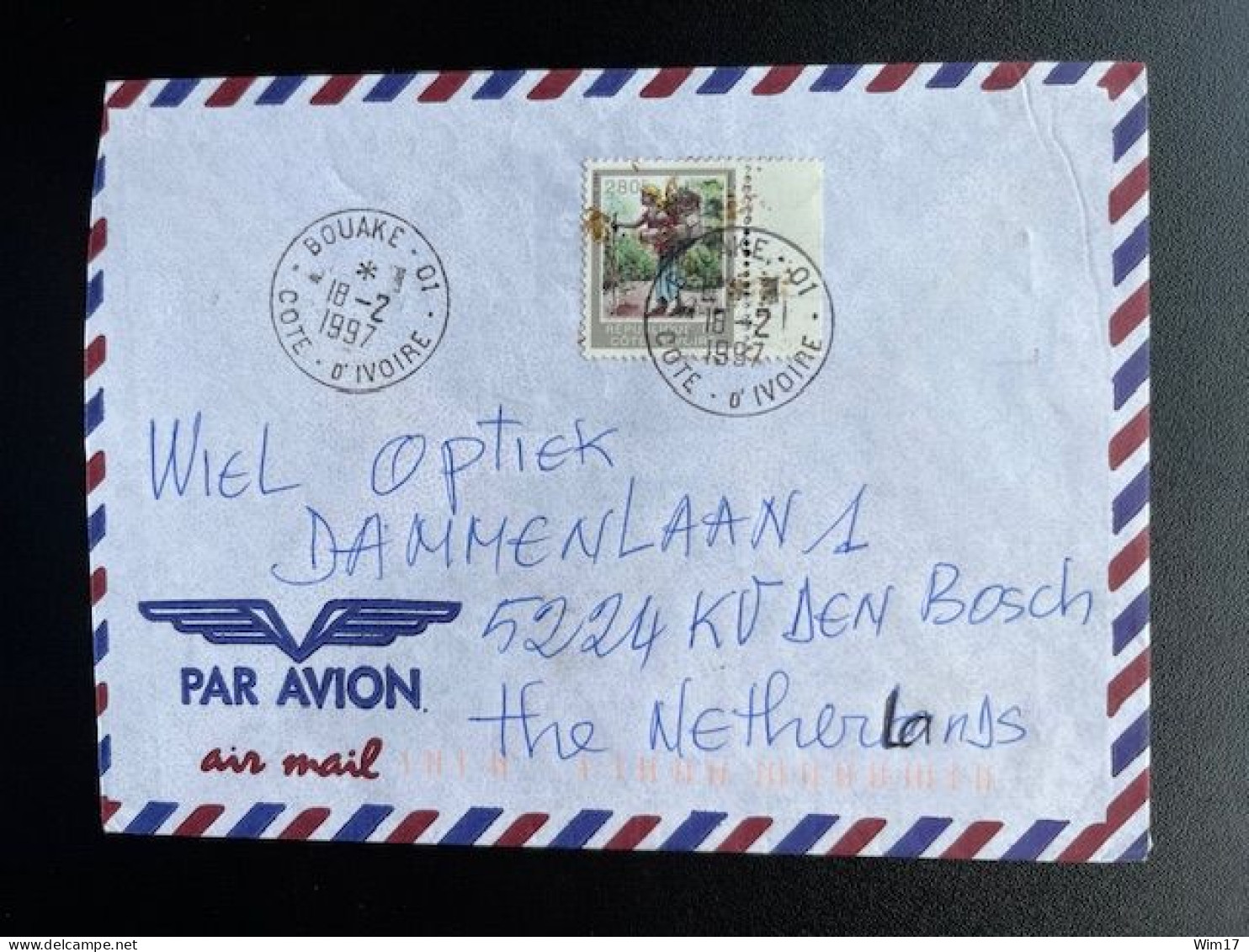 IVORY COAST COTE D'IVOIRE 1997 AIR MAIL LETTER BOUAKE TO 'S HERTOGENBOSCH 18-02-1997 IVOORKUST - Ivory Coast (1960-...)