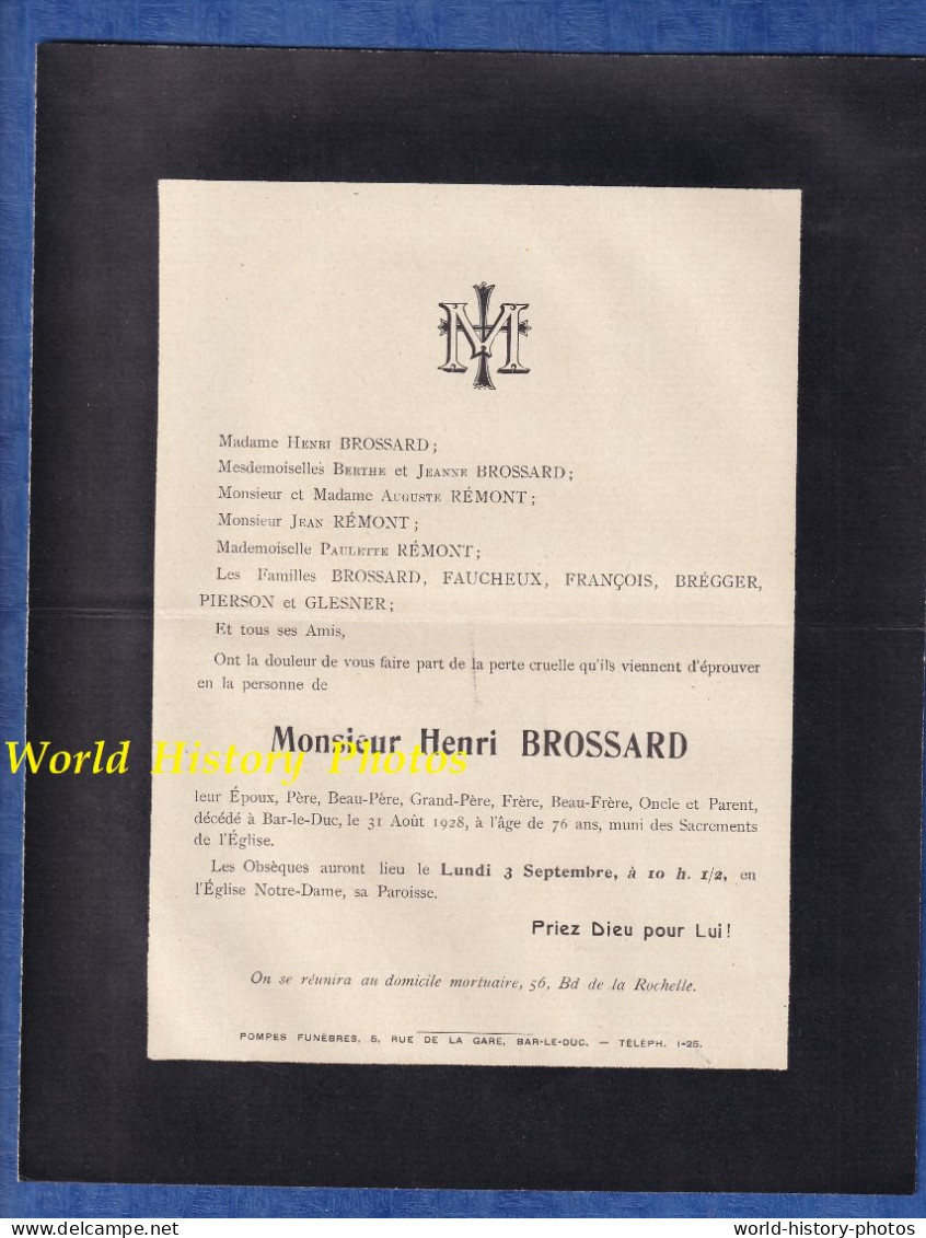 Document Ancien De 1928 - BAR LE DUC - Monsieur Henri BROSSARD , Boulevard De La Rochelle - Todesanzeige