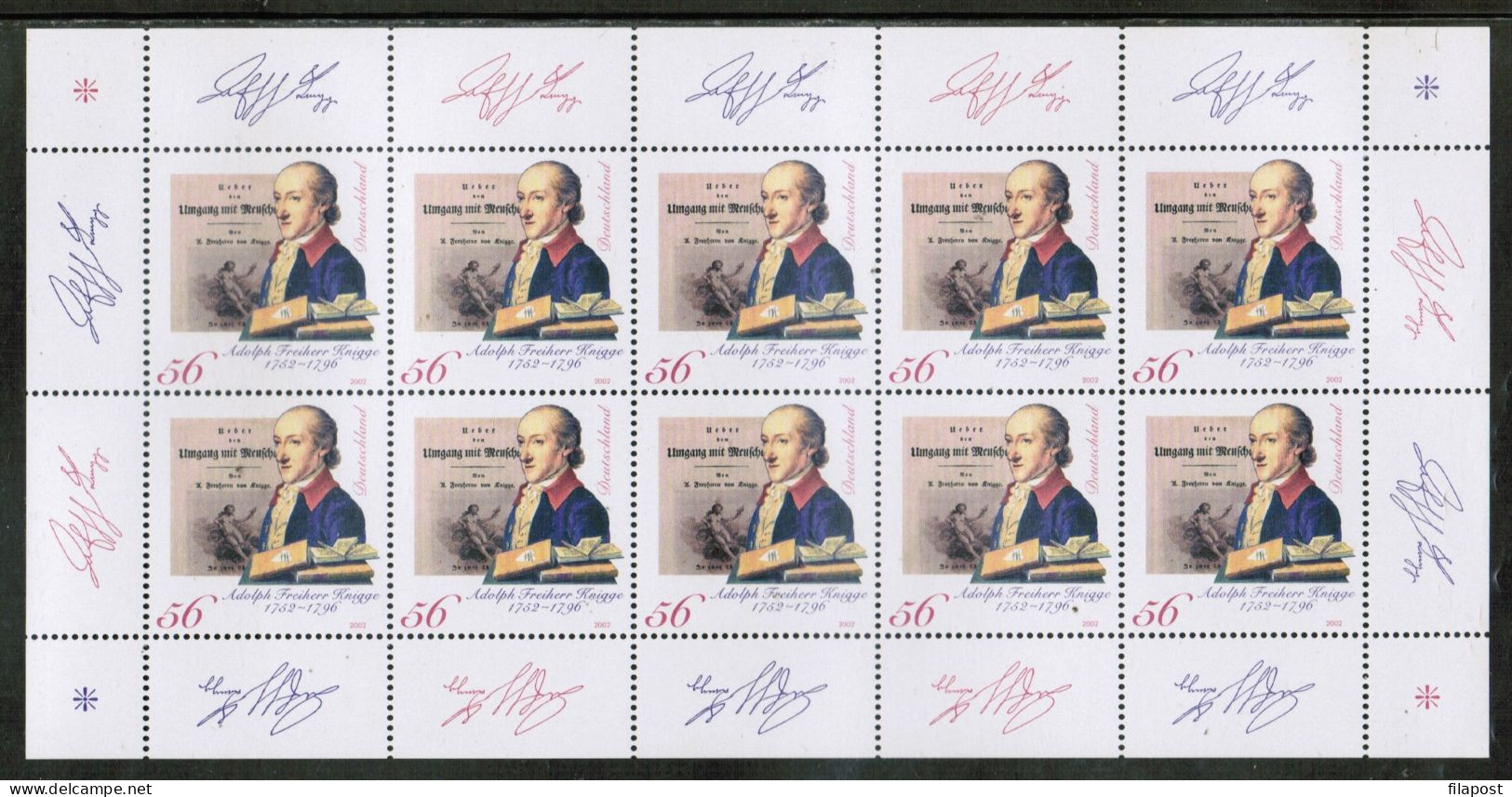 Germany 2002 / Michel 2241 Kb - Adolph Freiherr Knigge, Writer, Freemason, Iluminati - Sheet Of 10 Stamps MNH - Unused Stamps