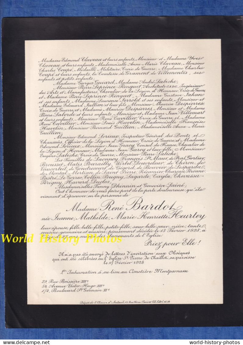 Document De 1928 - PARIS - Jeanne Mathilde Marie Henriette HEURTEY épouse De René BARDOT - Saint Pierre De Chaillot - Décès