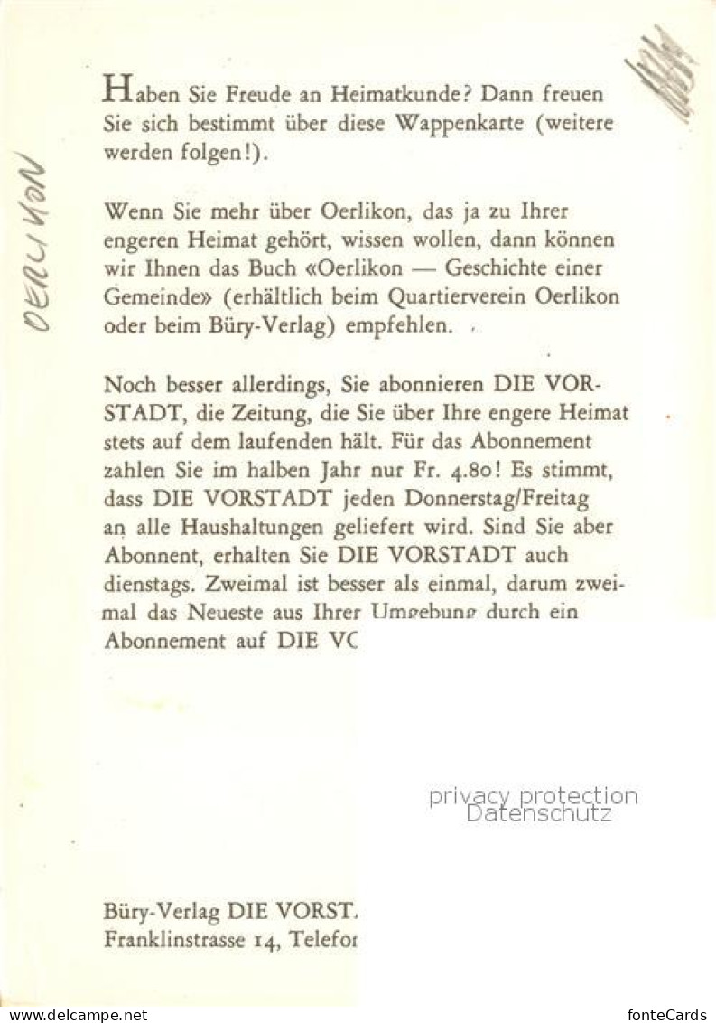 13756187 Oerlikon ZH Gemeindewappen In Rot Ein Nach Unten Gerichtetes Silbernes  - Other & Unclassified